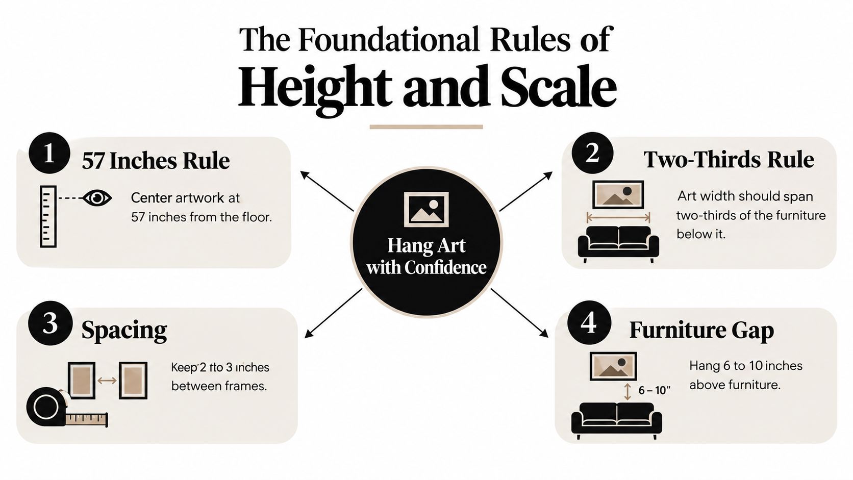 An infographic illustrating four foundational rules for correctly hanging and spacing wall art in a room.
