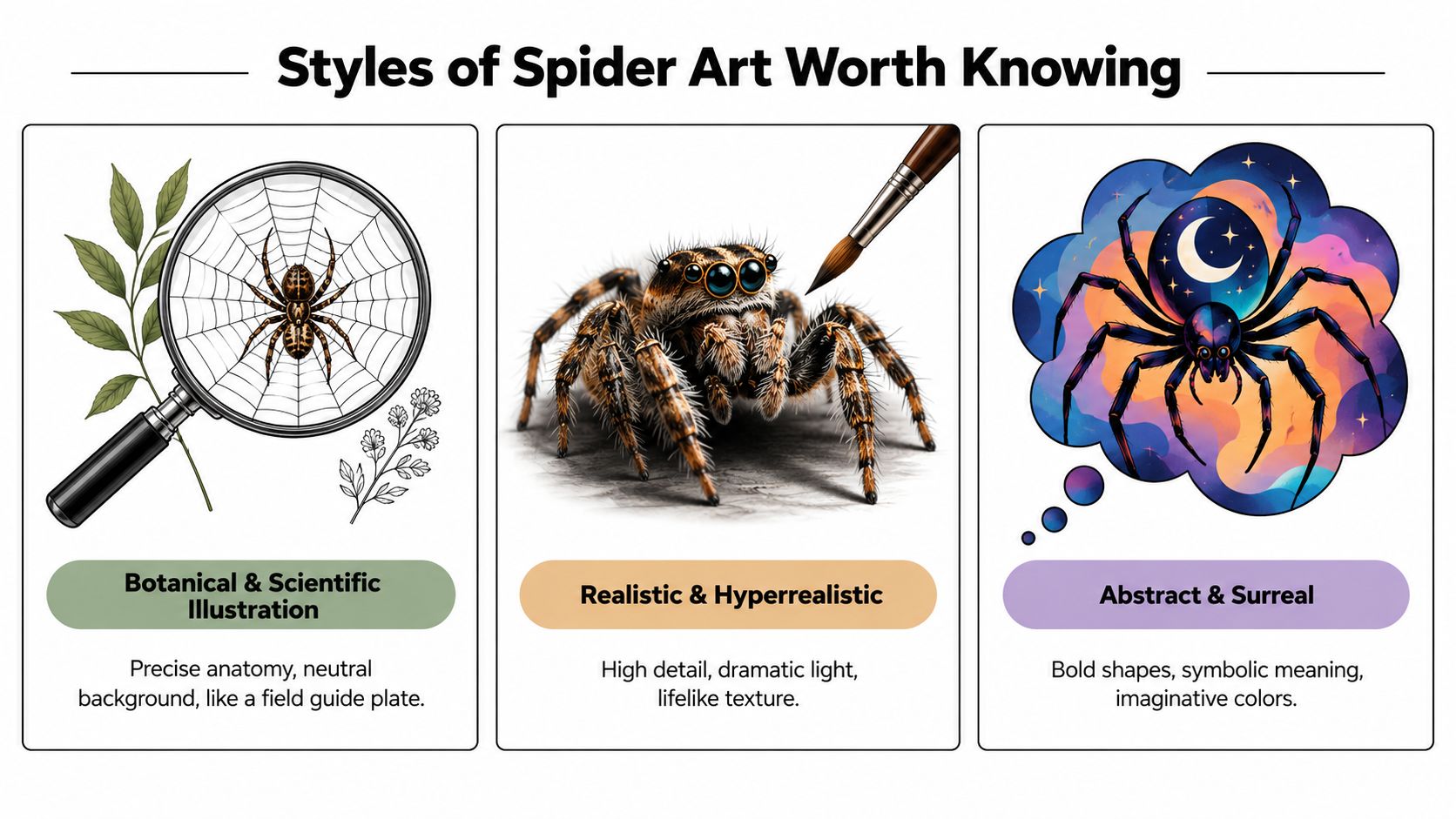 An infographic displaying three distinct styles of spider art: botanical illustration, hyperrealistic painting, and abstract surrealism.