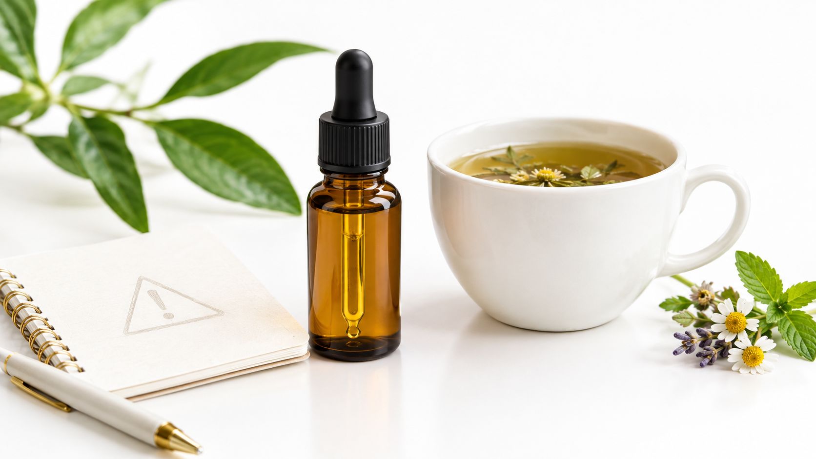 Eine Flasche mit CBD-Öl, ein Notizbuch mit Warnsymbol, eine Tasse Tee und Kräuter auf weißem Hintergrund.