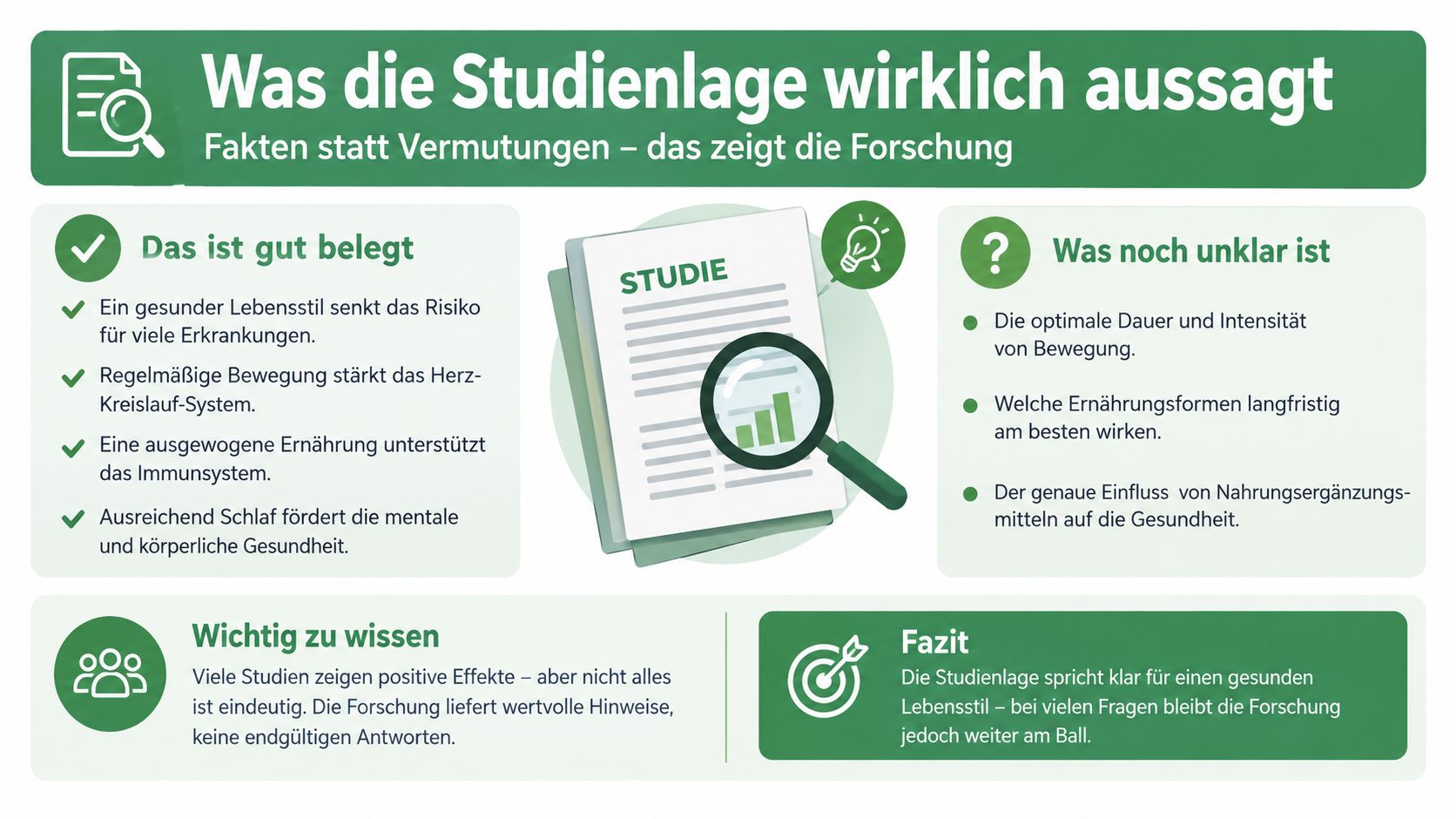 Infografik über die aktuelle wissenschaftliche Studienlage zu Themen wie gesunder Lebensstil, Ernährung und sportlicher Betätigung.