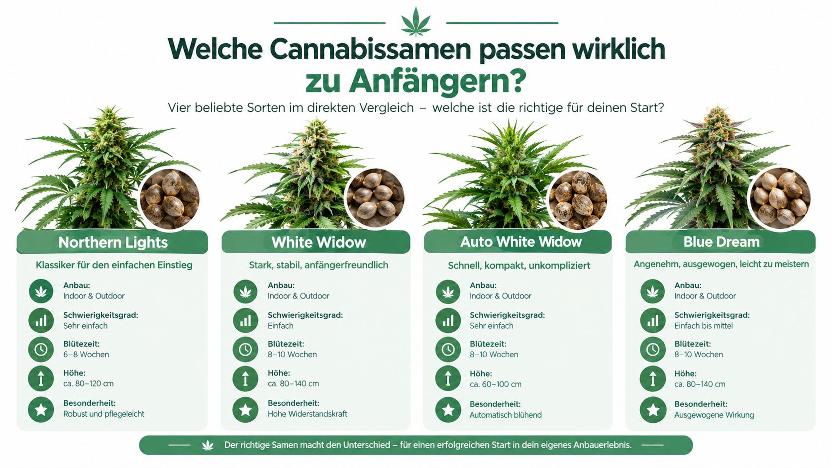 Eine übersichtliche Grafik mit vier Cannabis-Sorten, die sich ideal für Anfänger im Anbau eignen.