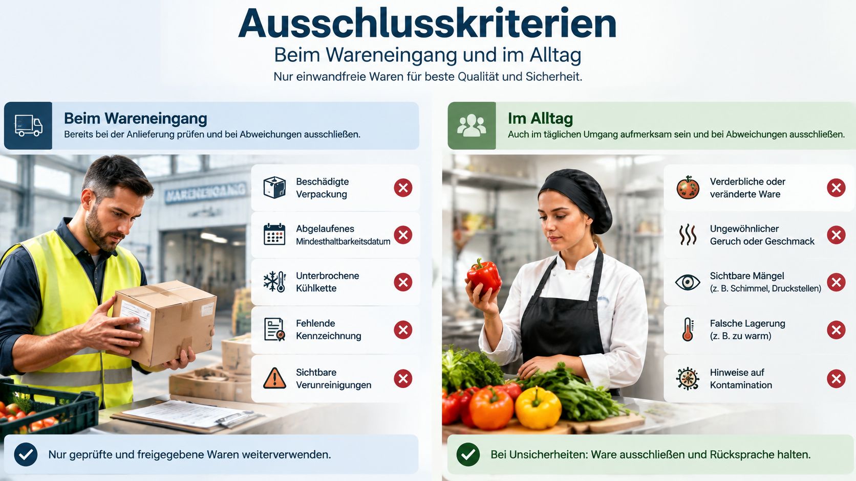Infografik zeigt Ausschlusskriterien für Lebensmittel bei Wareneingang und im Arbeitsalltag zur Sicherstellung von Qualität und Hygiene.