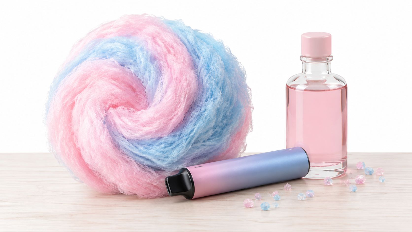 Eine rosa und blaue Zuckerwatte neben einem modernen Einweg-Vaporizer und einer Flasche mit pinkfarbener Flüssigkeit auf Holztisch.