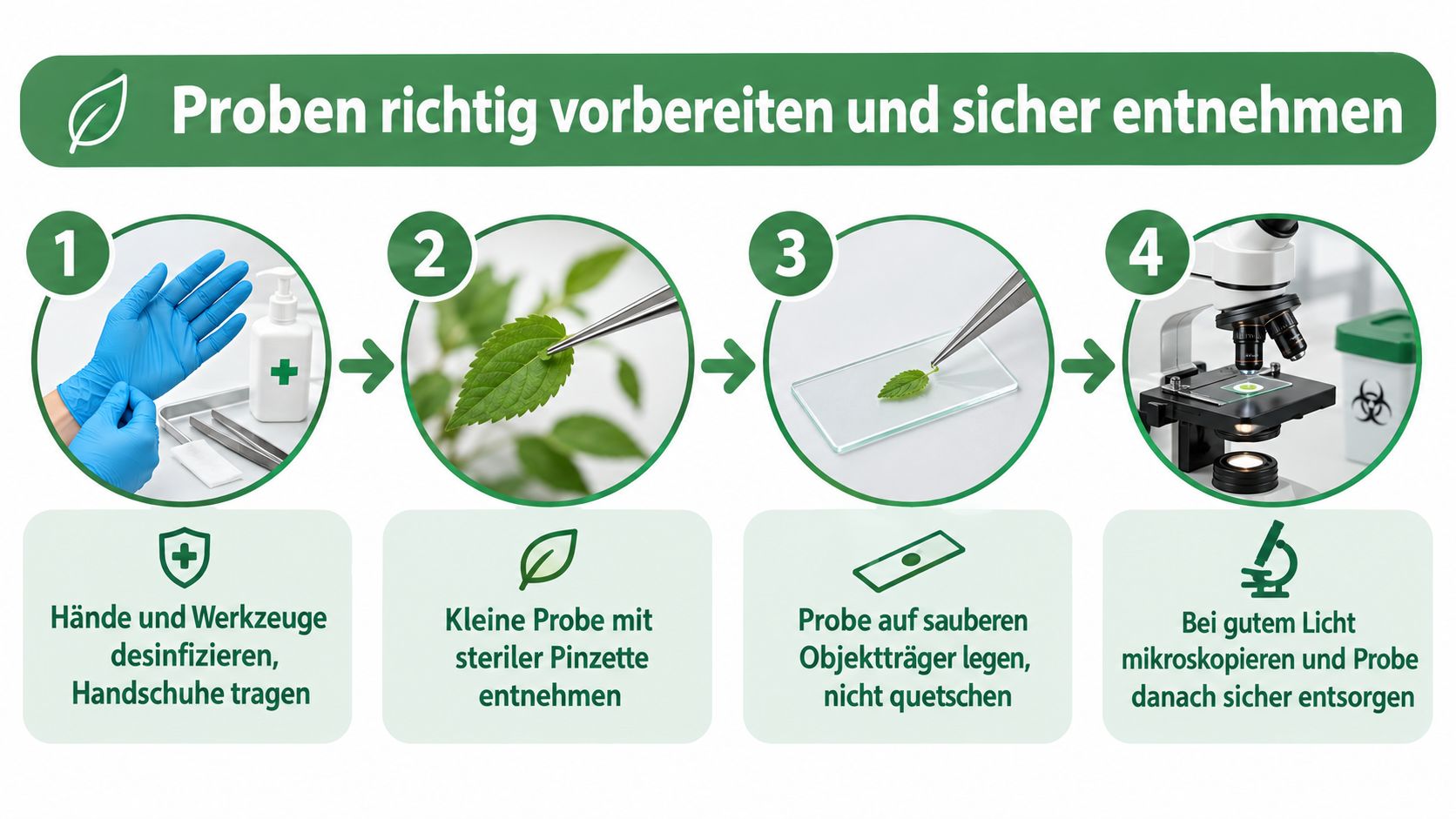Eine Infografik mit vier Schritten zur sicheren Probenentnahme und Vorbereitung für die mikroskopische Untersuchung von Pflanzenmaterial.