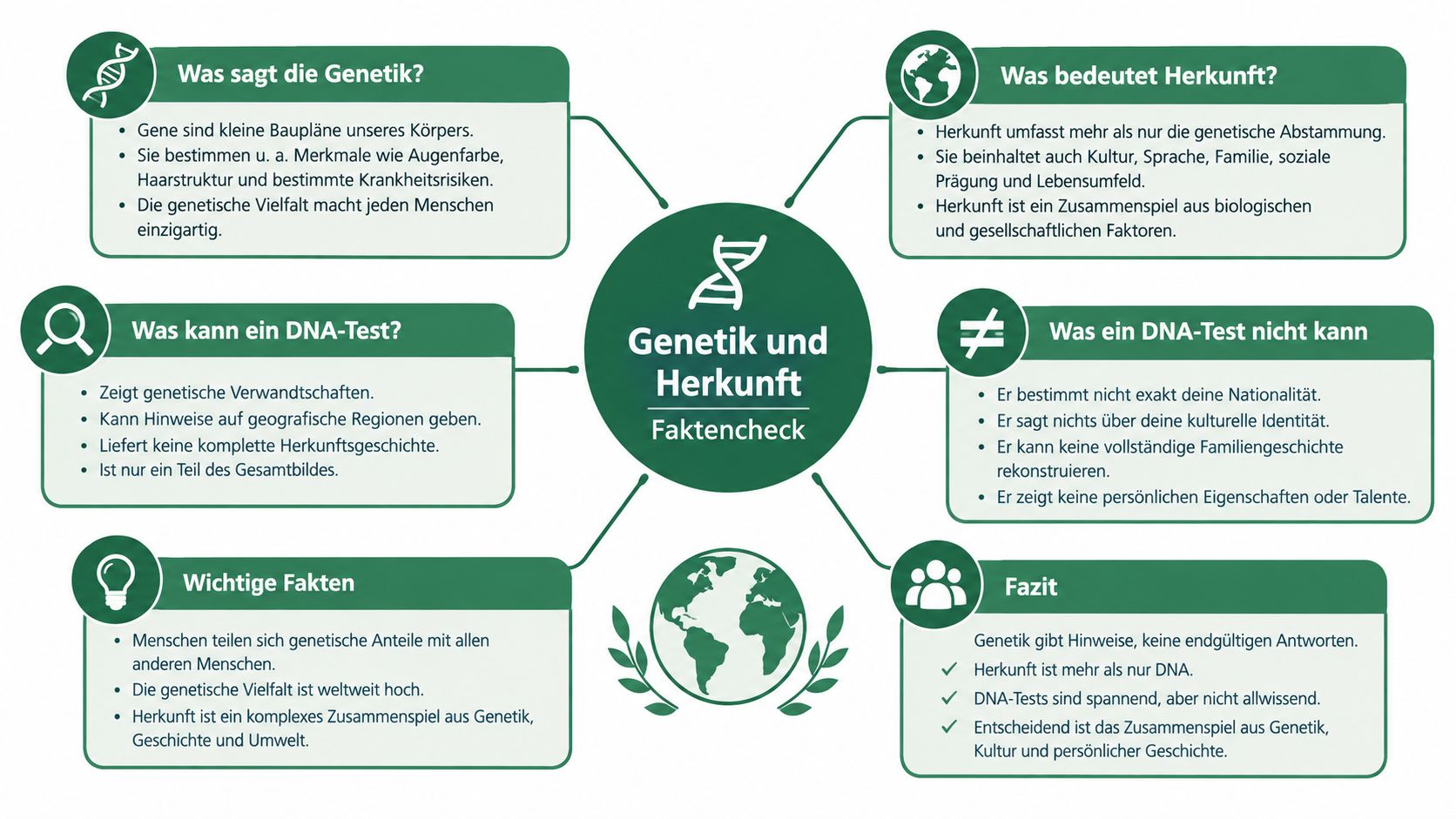 Eine Infografik mit dem Titel Genetik und Herkunft, die Fakten über DNA-Tests und menschliche Abstammung erklärt.