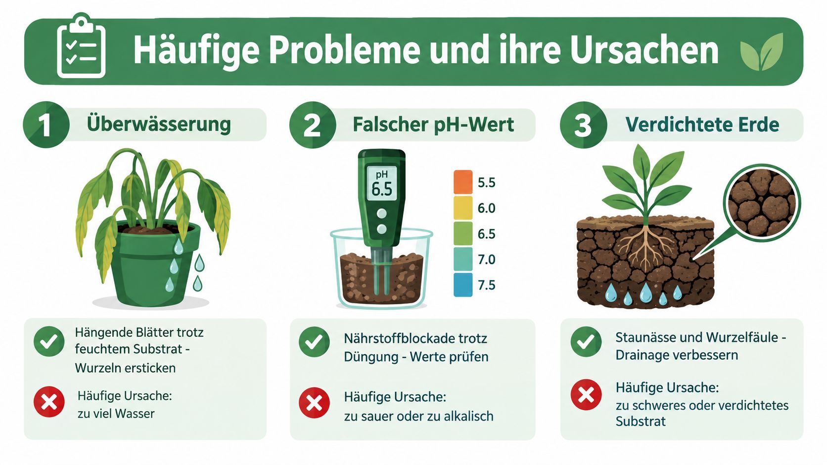 Eine Infografik erklärt die drei häufigsten Pflanzenprobleme: Überwässerung, falscher pH-Wert und verdichtete Erde, inklusive ihrer jeweiligen Ursachen.