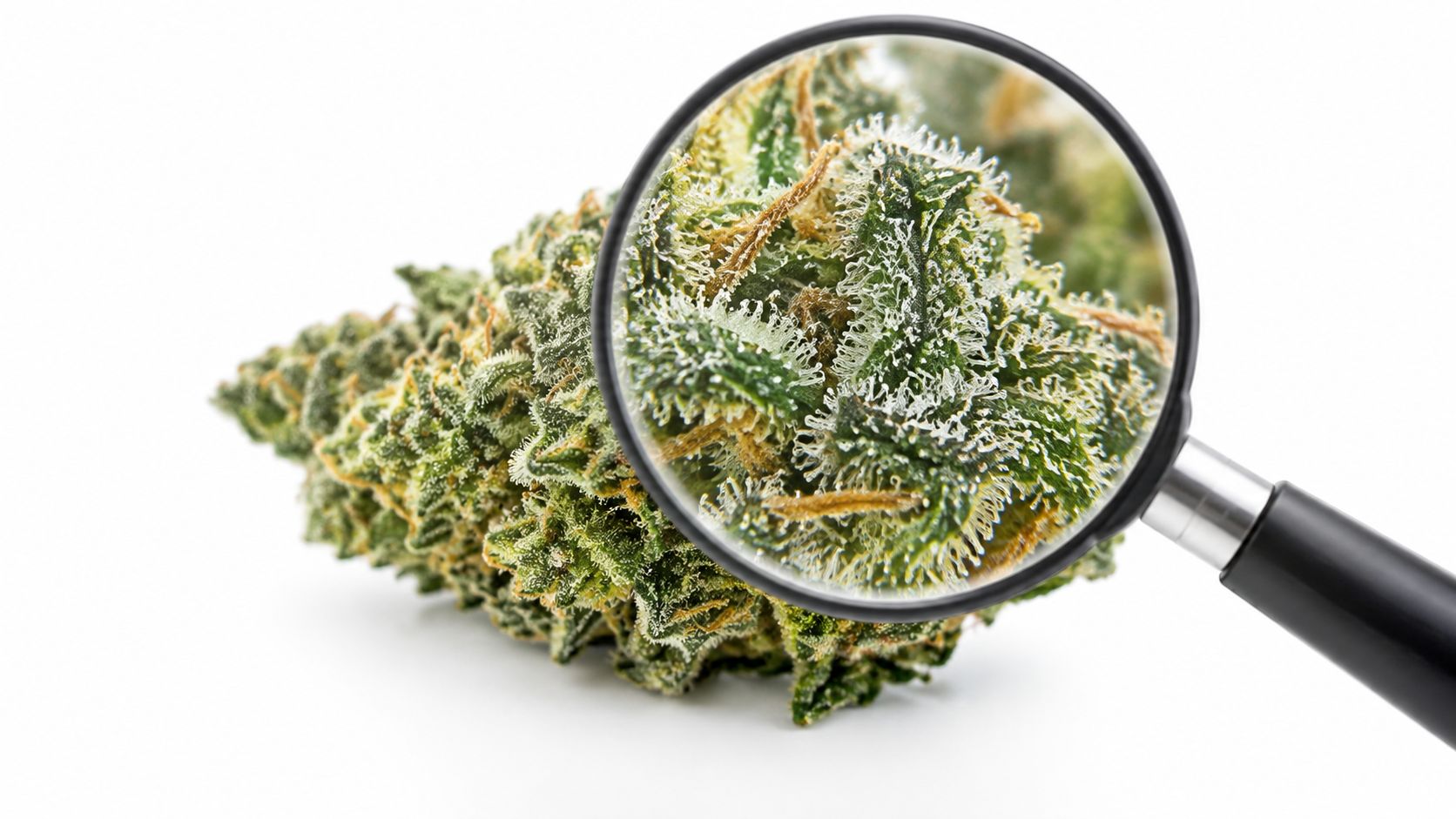 Eine Nahaufnahme einer Cannabisblüte unter einer Lupe, die die Trichome und die Qualität der Pflanze detailliert zeigt.