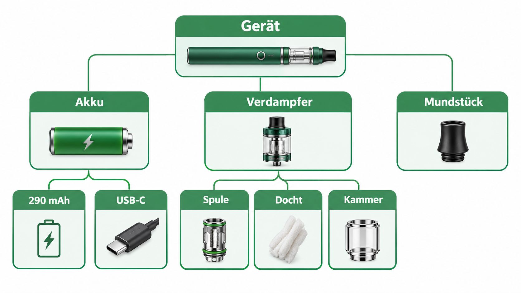 Strukturdiagramm der Einzelteile eines grünen Vape Pens inklusive Akku, Verdampfer, Mundstück sowie deren Unterkomponenten.