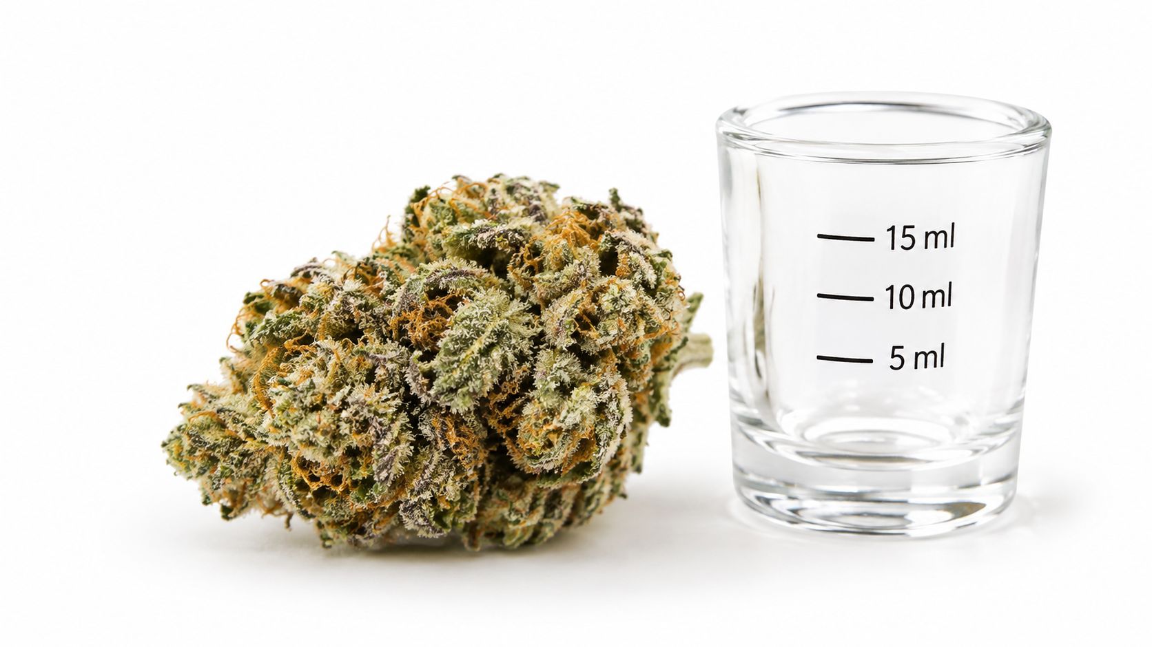 Eine einzelne Cannabisblüte liegt neben einem kleinen Messglas mit ml-Skala vor einem weißen Hintergrund.