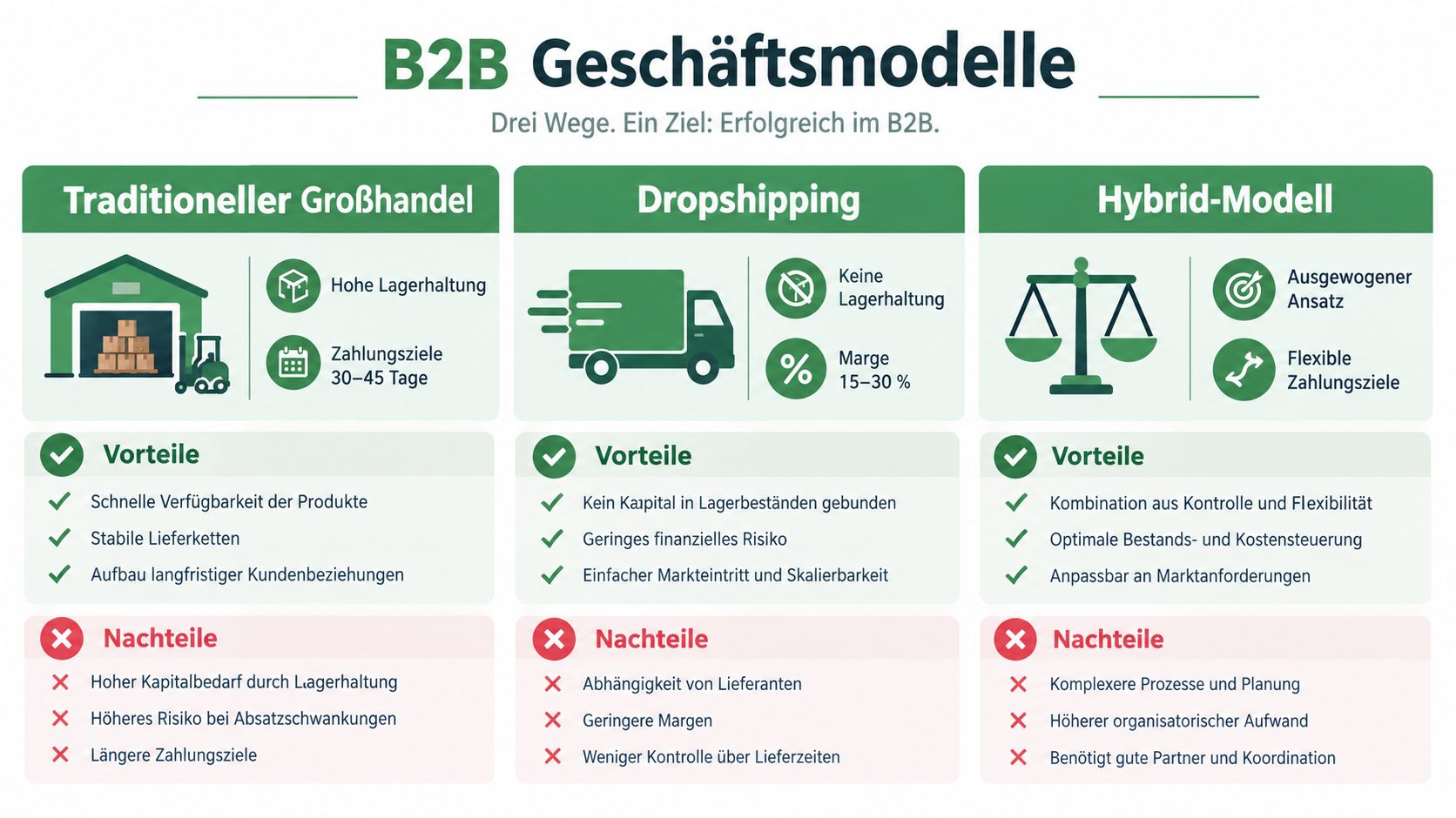 Vergleich von B2B-Geschäftsmodellen wie traditioneller Großhandel, Dropshipping und Hybrid-Modelle mit ihren spezifischen Vor- und Nachteilen.