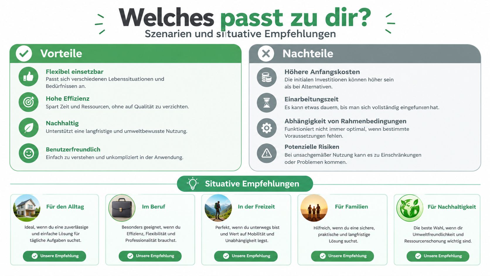 Übersicht zu Vor- und Nachteilen sowie situative Empfehlungen für verschiedene Anwendungsbereiche in einer informativen Grafik.