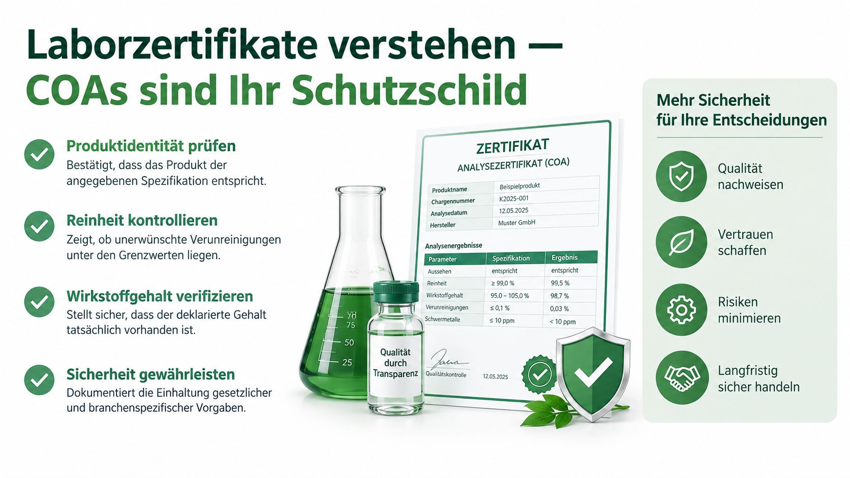 Eine Infografik zur Erklärung von Analysezertifikaten, die zeigen wie Produktqualität und Sicherheit durch Laborprüfungen transparent nachgewiesen werden.