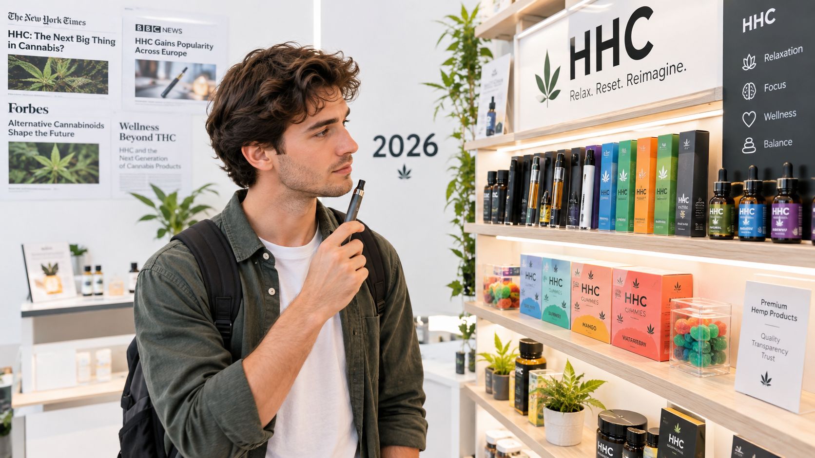 Ein junger Mann mit Rucksack betrachtet in einem Geschäft eine Auswahl an HHC-Produkten wie Vapes und Gummibärchen.