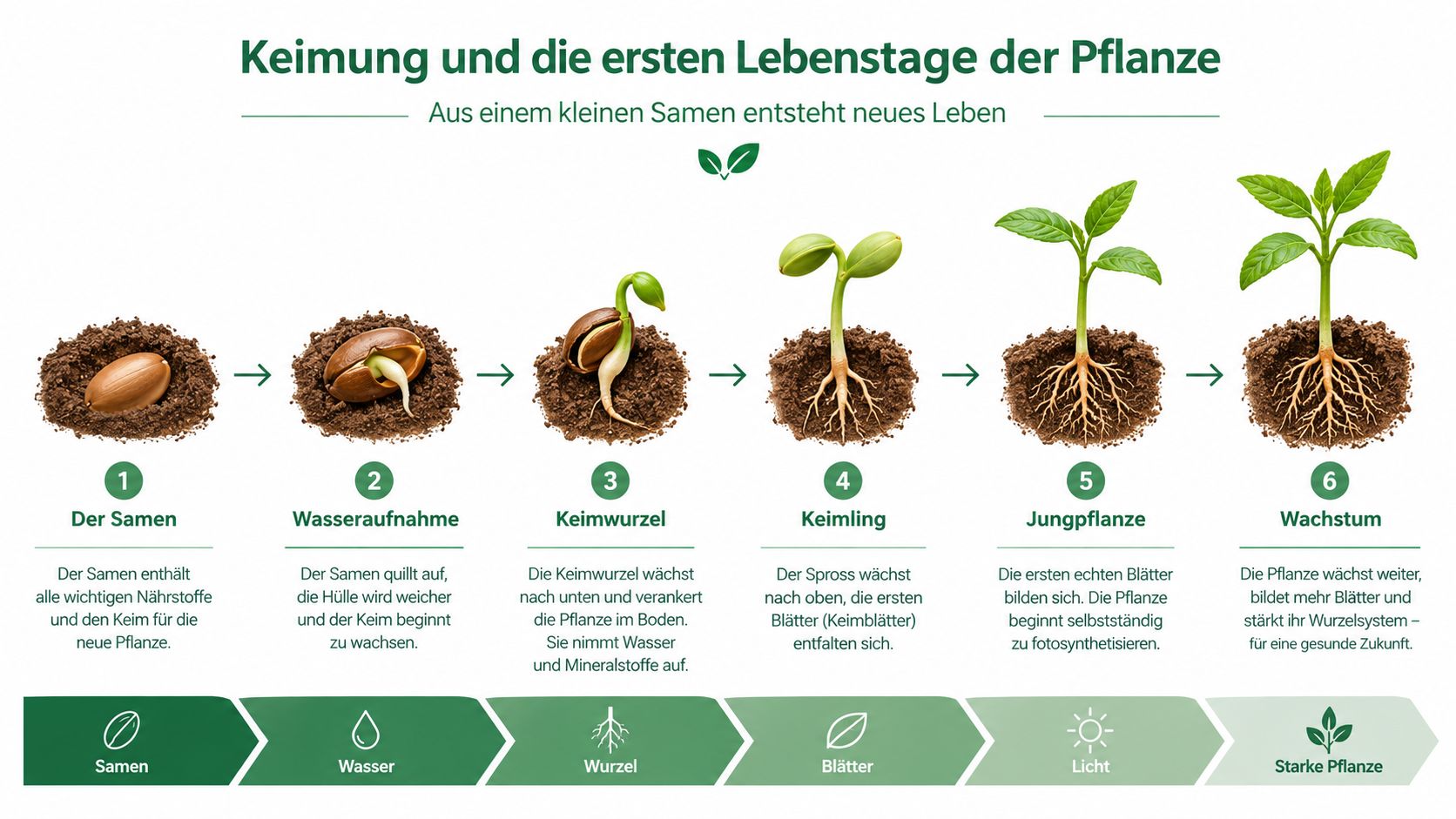 Eine Infografik über den Keimungsprozess einer Pflanze in sechs Schritten vom Samen bis zur ausgewachsenen Pflanze.