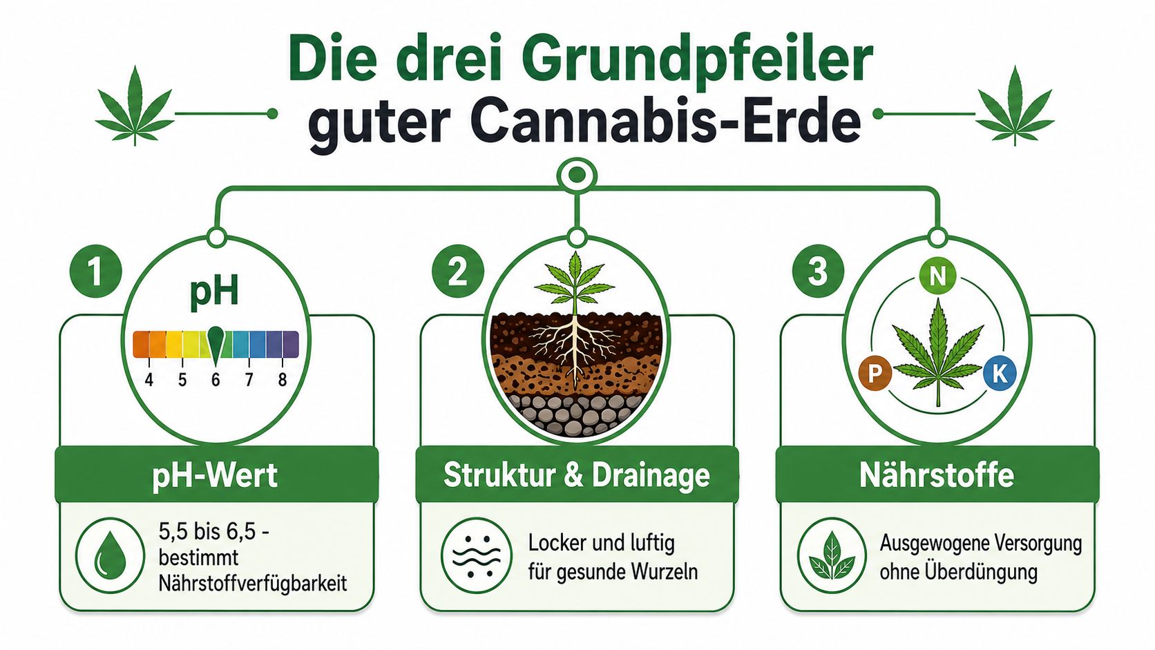 Infografik über die drei wichtigsten Faktoren für gute Blumenerde für Cannabispflanzen: pH-Wert, Struktur und Nährstoffe.