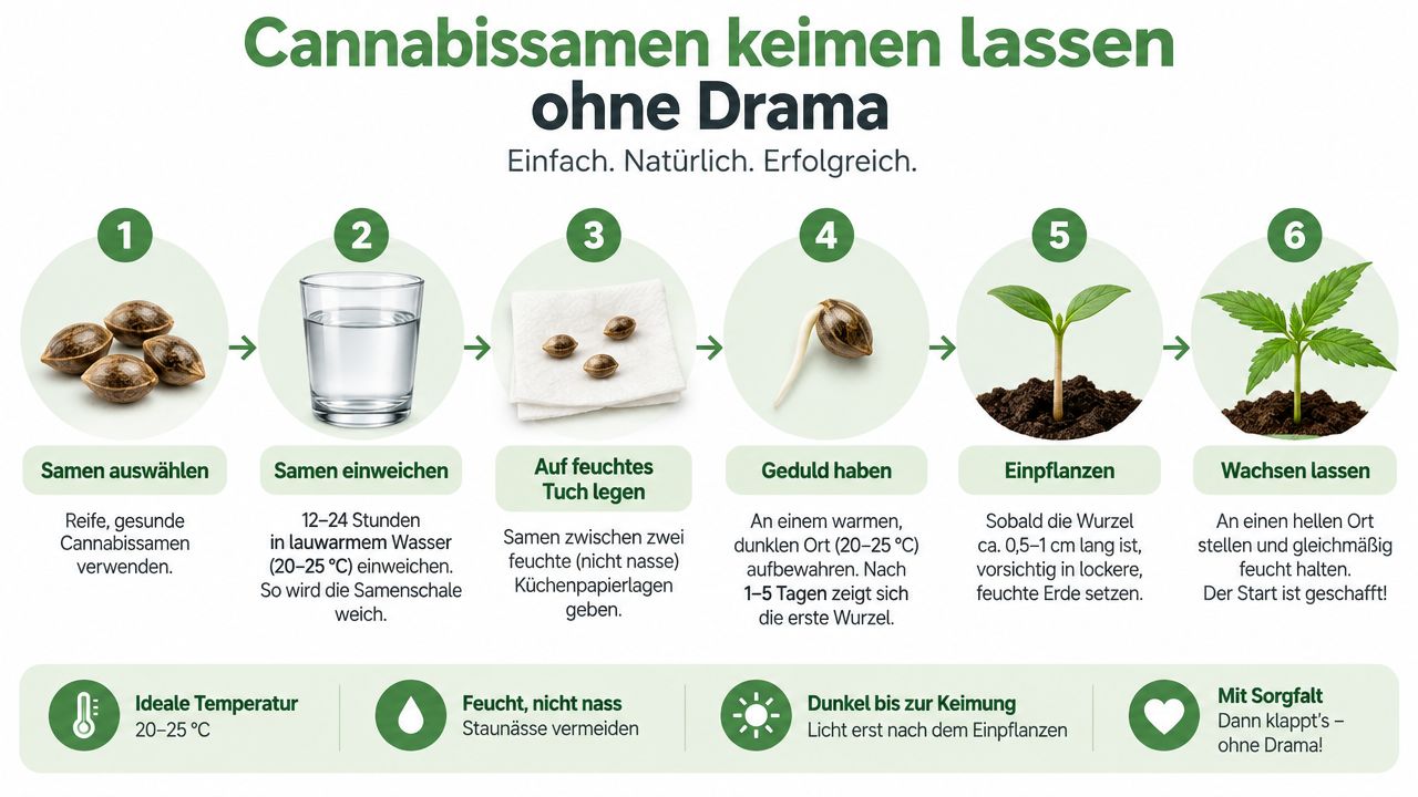 Eine sechs-schrittige Anleitung zum erfolgreichen Keimen von Cannabissamen mit Tipps zu Temperatur, Feuchtigkeit und Lichtverhältnissen.