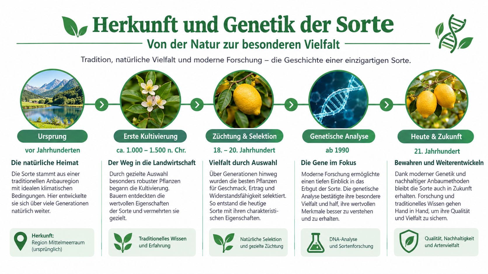 Eine Infografik über die historische Entwicklung, Kultivierung und genetische Forschung einer Zitronensorte vom Ursprung bis heute.
