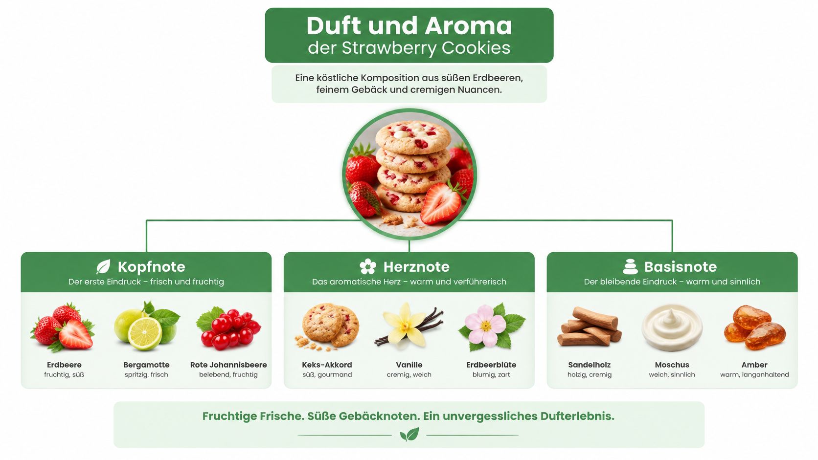 Eine Duftpyramide für Strawberry Cookies mit Erdbeere, Vanille und Sandelholz in Kopf-, Herz- und Basisnoten.