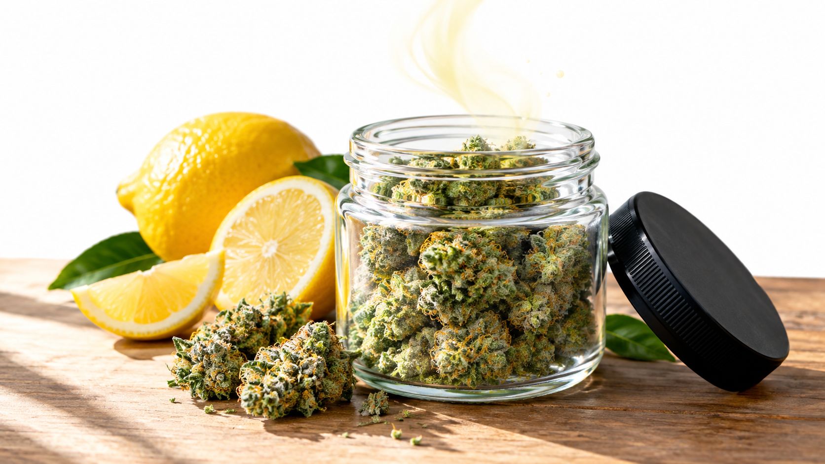 Ein Glas mit Super Lemon Haze Blüten neben frischen Zitronen auf einem rustikalen Holztisch.