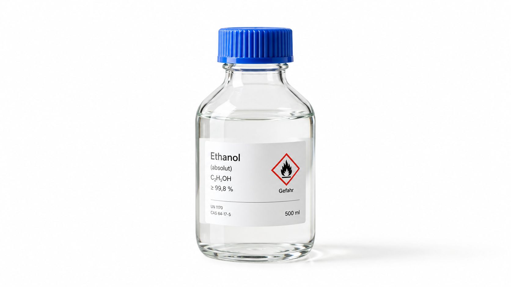 Eine durchsichtige Glasflasche mit Ethanol gefüllt, ausgestattet mit einem blauen Schraubverschluss und einem Warnetikett für entzündliche Stoffe.