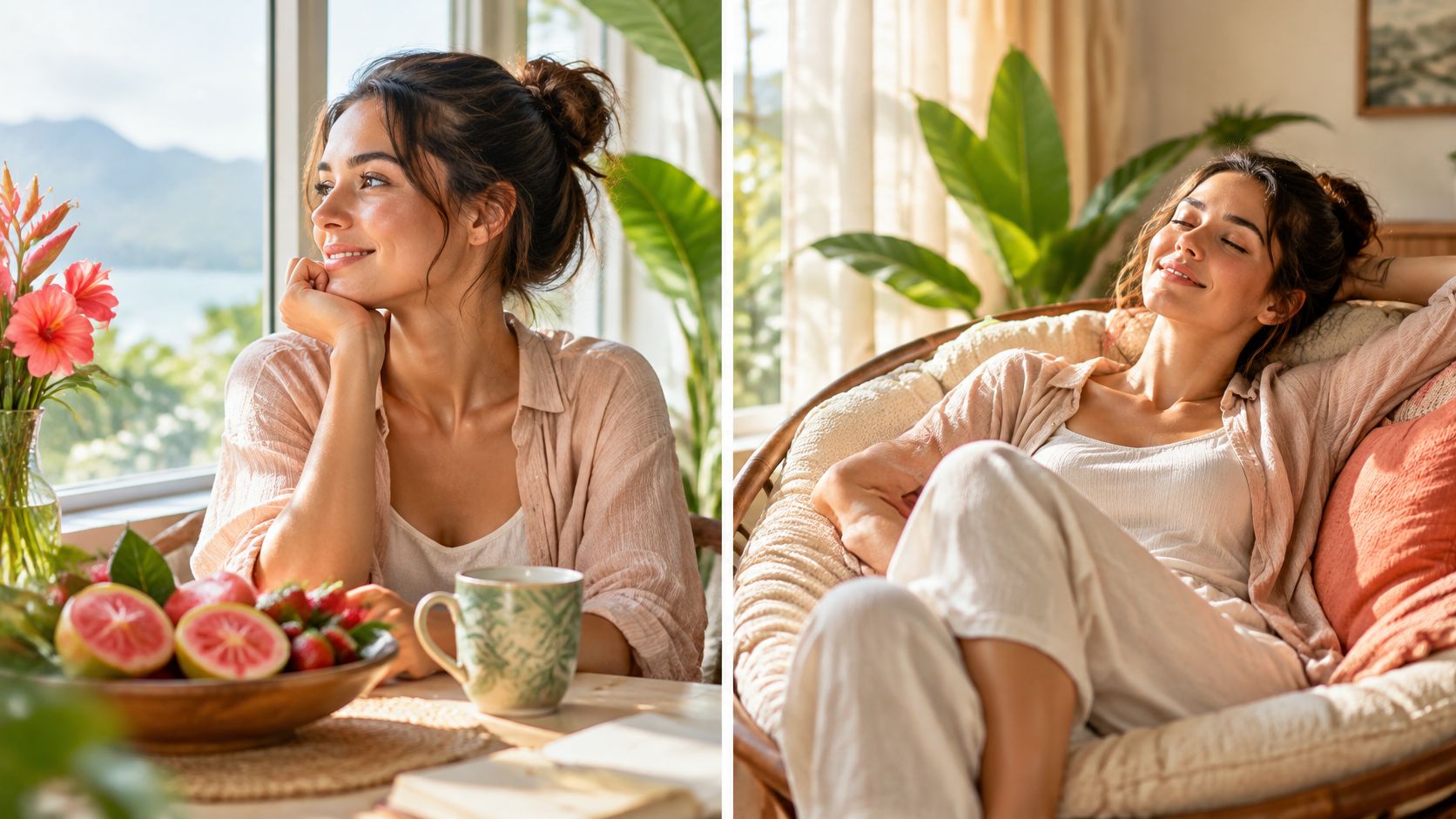 Eine entspannte Frau genießt die Sonne, frische Erdbeeren und eine tropische Atmosphäre in einem hellen, gemütlichen Wohnzimmer.
