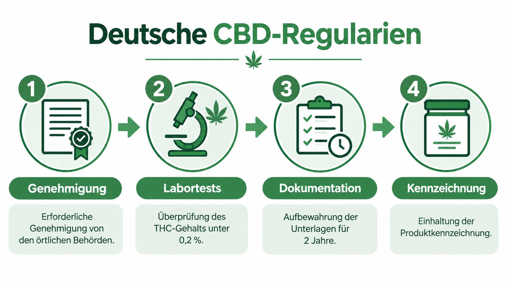 Infografik über die vier Schritte der deutschen regulatorischen Anforderungen für den Handel mit CBD-Produkten.