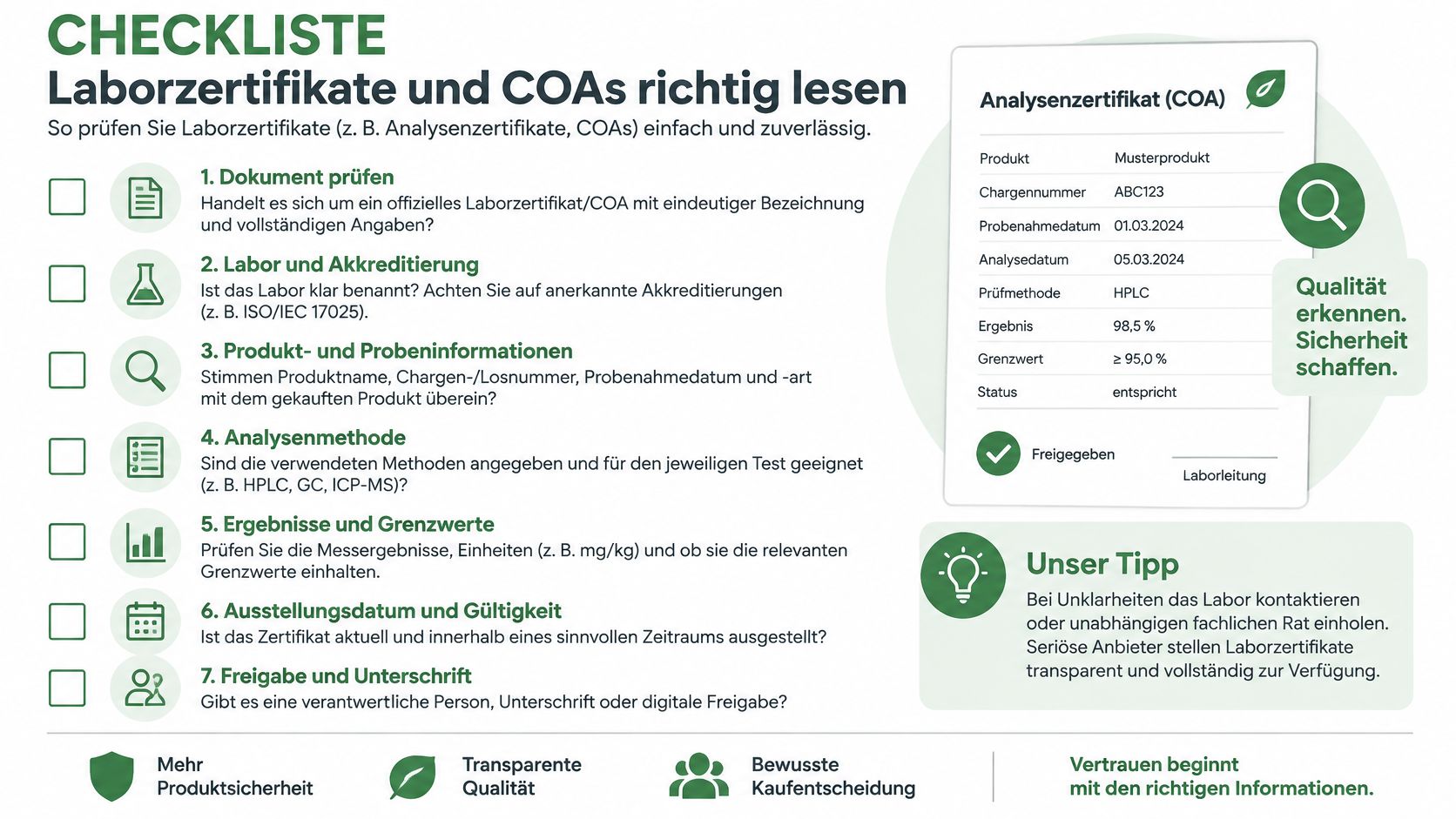 Eine Checkliste in deutscher Sprache zeigt sieben wichtige Schritte zur Überprüfung von Laborzertifikaten und Analysenzertifikaten für Produkte.
