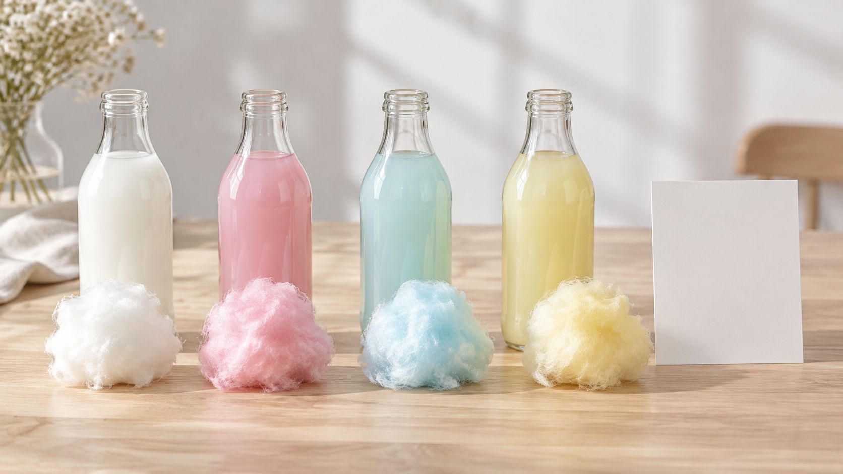 Vier bunte Flaschen mit dazu passender Zuckerwatte stehen auf einem Holztisch neben einer weißen leeren Karte.