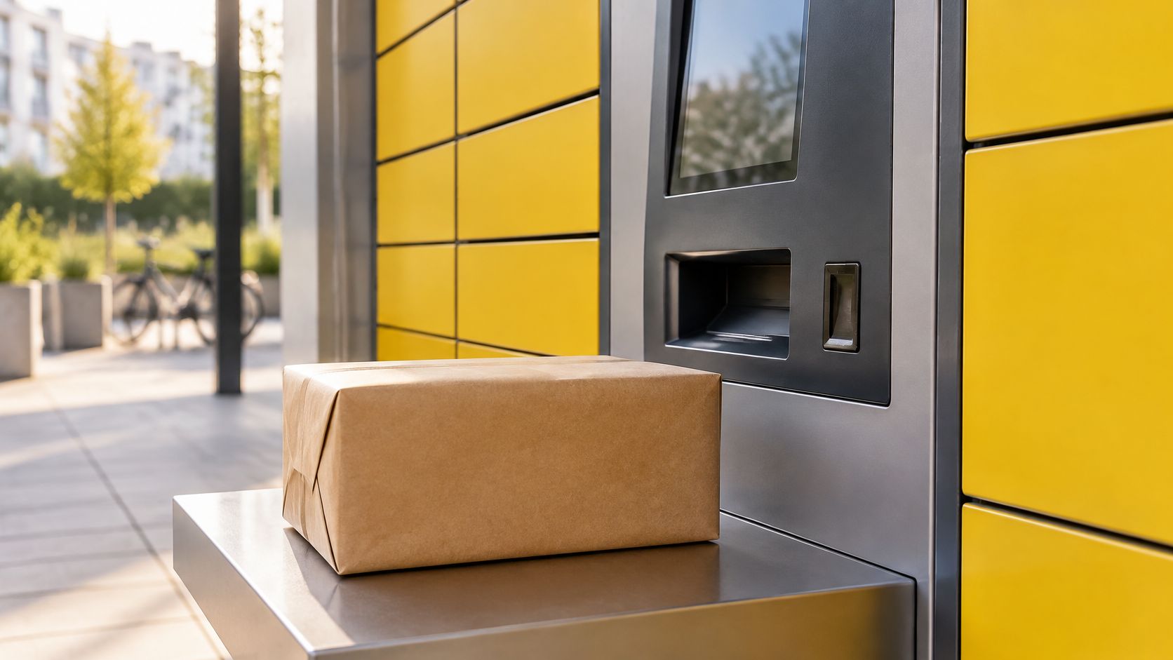 Ein braunes Paket liegt auf der Ablagefläche eines gelben Packstations-Automaten im Freien.