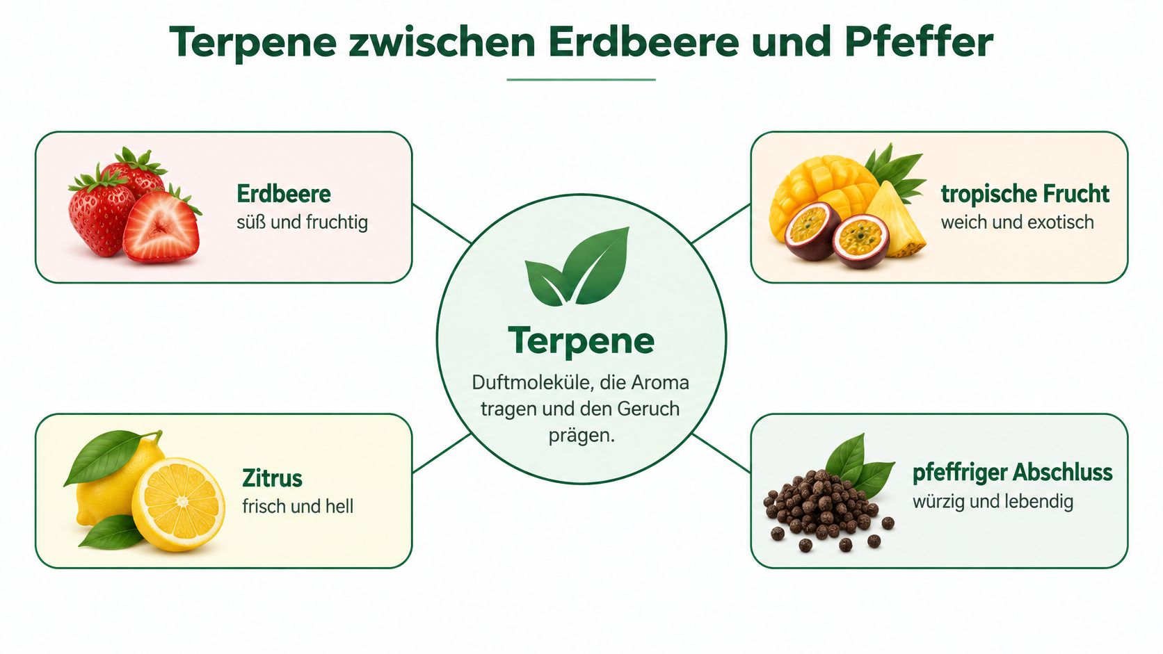 Eine Infografik zeigt verschiedene Terpenprofile, die mit Erdbeeren, tropischen Früchten, Zitrusfrüchten und Pfeffern assoziiert werden.