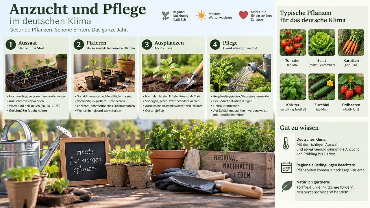 Eine Infografik mit Anleitung zur Anzucht und Pflege von Pflanzen im heimischen Garten im deutschen Klima.