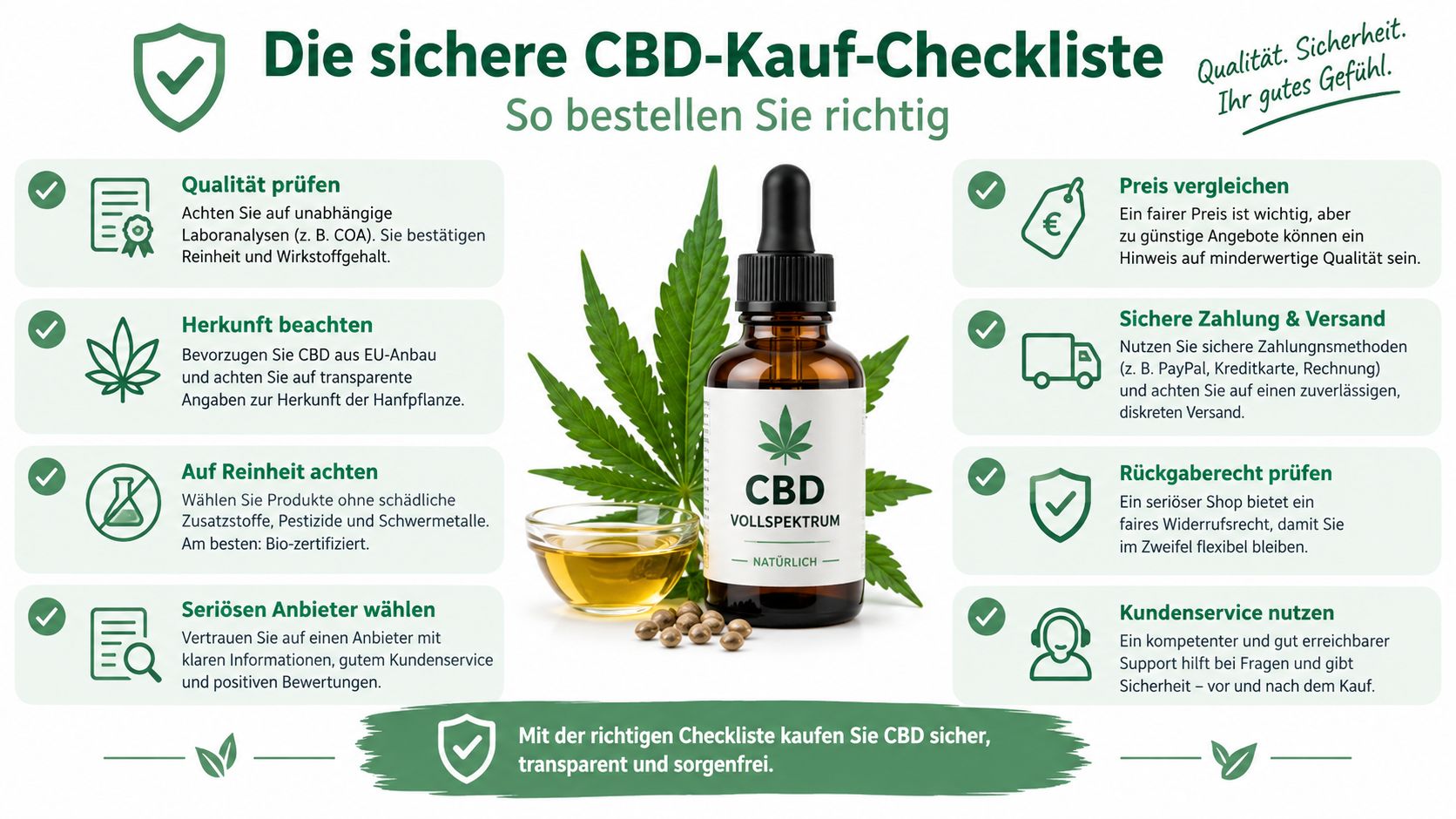 Eine informative Checkliste für den sicheren Kauf von CBD-Öl mit Tipps zur Produktwahl und Qualitätsprüfung.