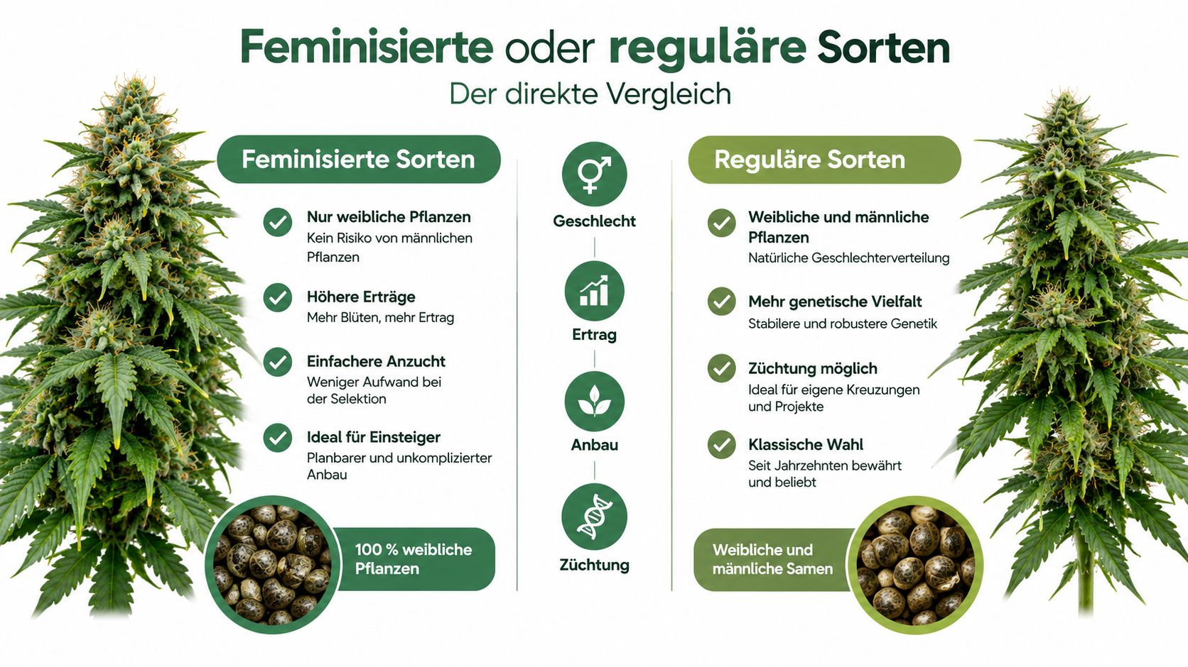 Vergleich zwischen feminisierten und regulären Cannabissamen mit Informationen zu Geschlecht, Ertrag, Anbau und Züchtungsmöglichkeiten.