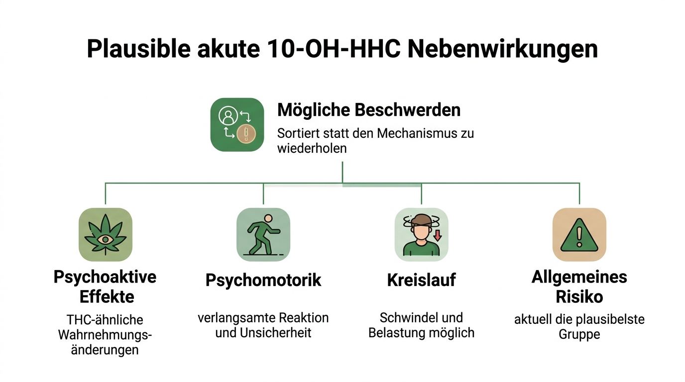Infografik über mögliche akute Nebenwirkungen von 10-OH-HHC unterteilt in Kategorien wie Psyche, Psychomotorik, Kreislauf und allgemeine Risiken.