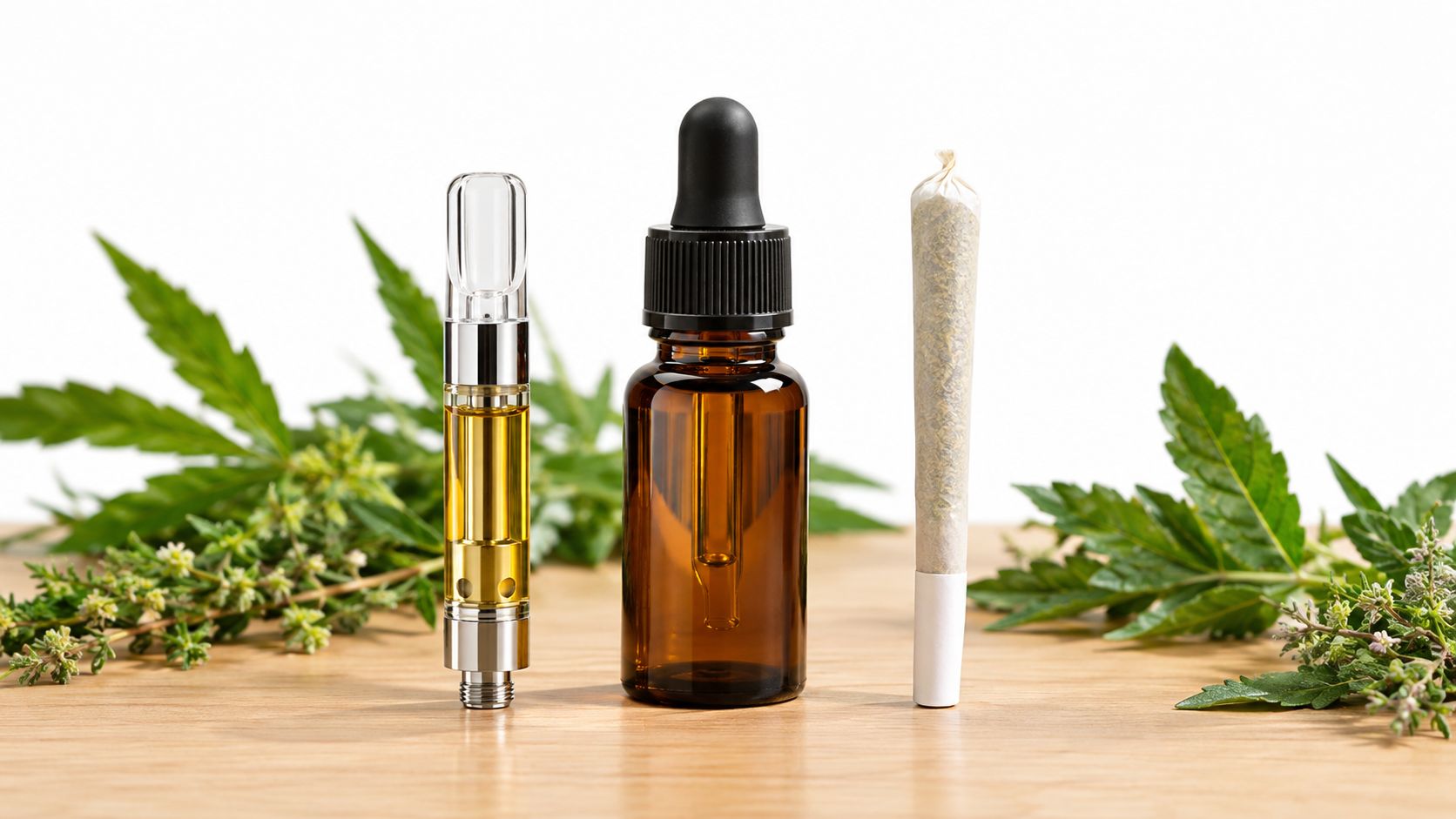 Verschiedene Cannabis-Produkte wie eine Vaporkartusche, eine Tropfflasche und ein Joint liegen auf einem hölzernen Untergrund mit grünen Pflanzen.