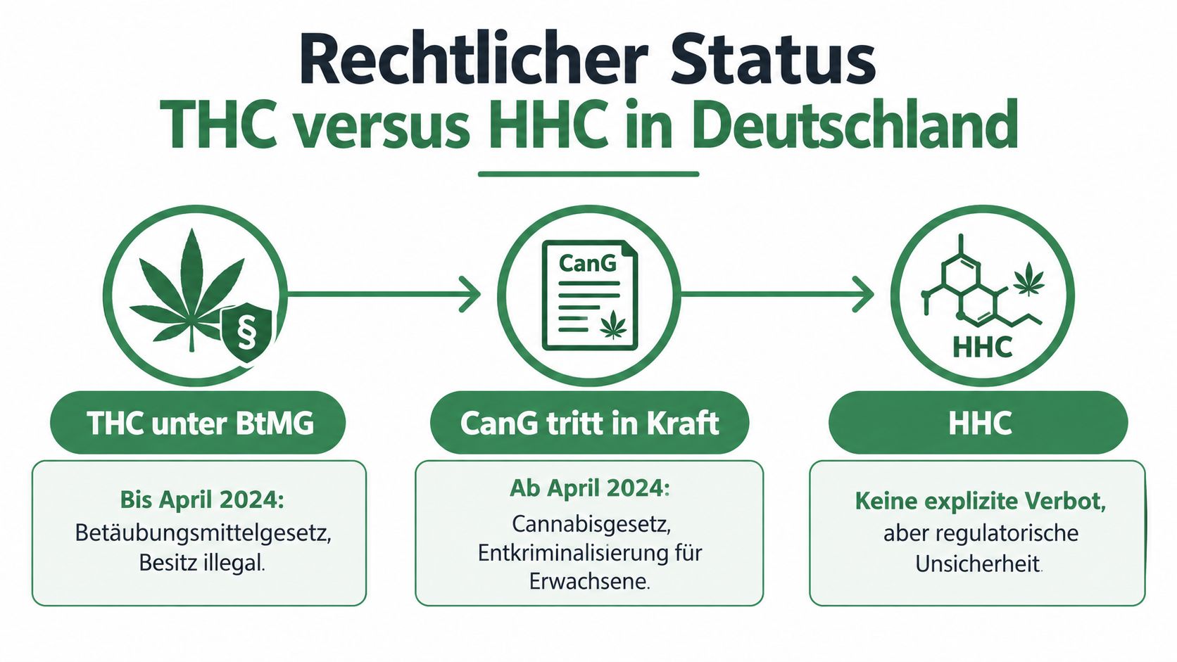 Infografik zum rechtlichen Status von THC und HHC in Deutschland vor und nach dem Cannabisgesetz.