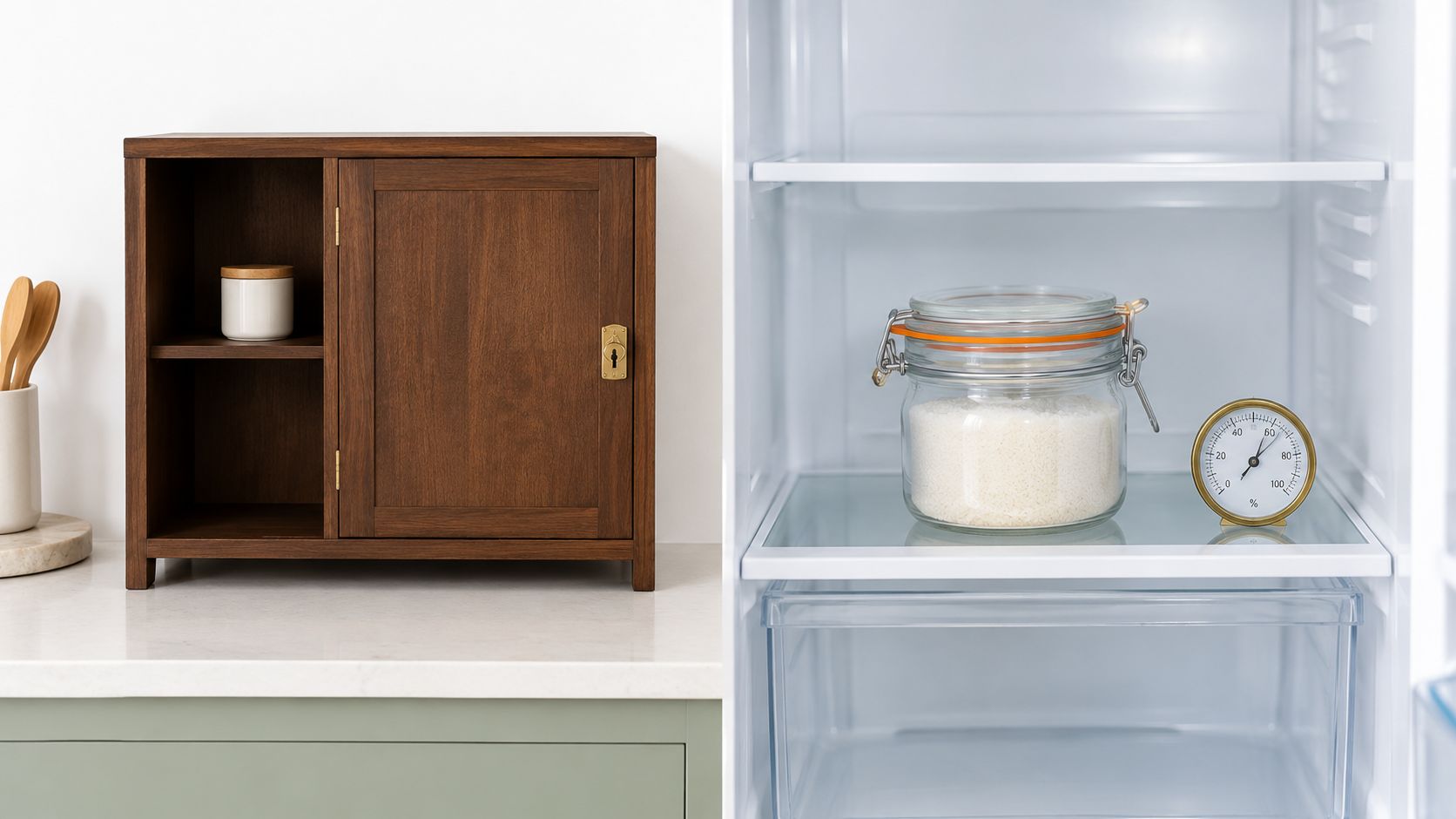 Ein kleiner Holzschrank neben einem geöffneten Kühlschrank, in dem sich ein Glas und ein Hygrometer befinden.