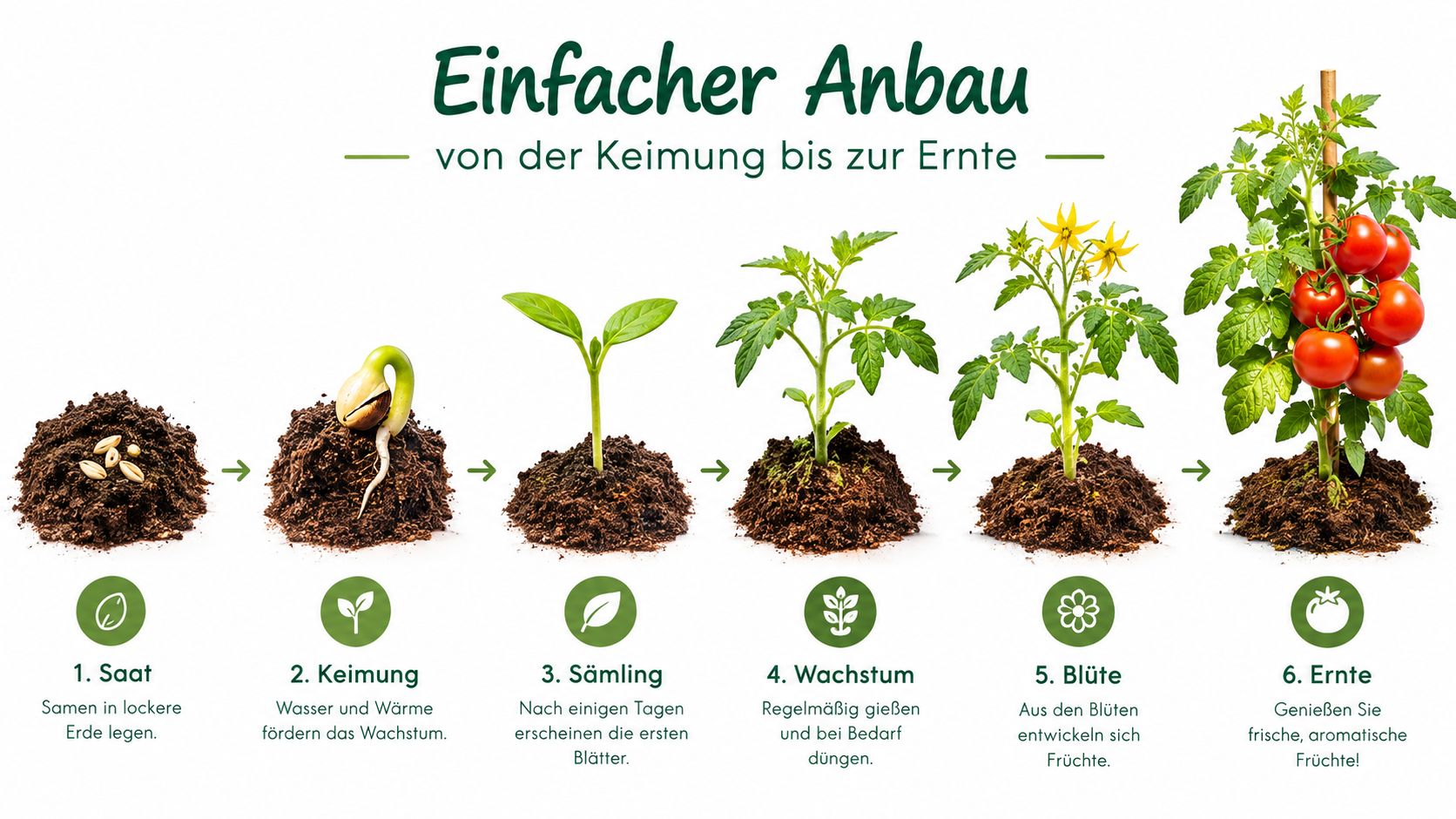 Eine Infografik zeigt in sechs einfachen Schritten die Entwicklung einer Tomatenpflanze vom Samen bis zur reichen Ernte.