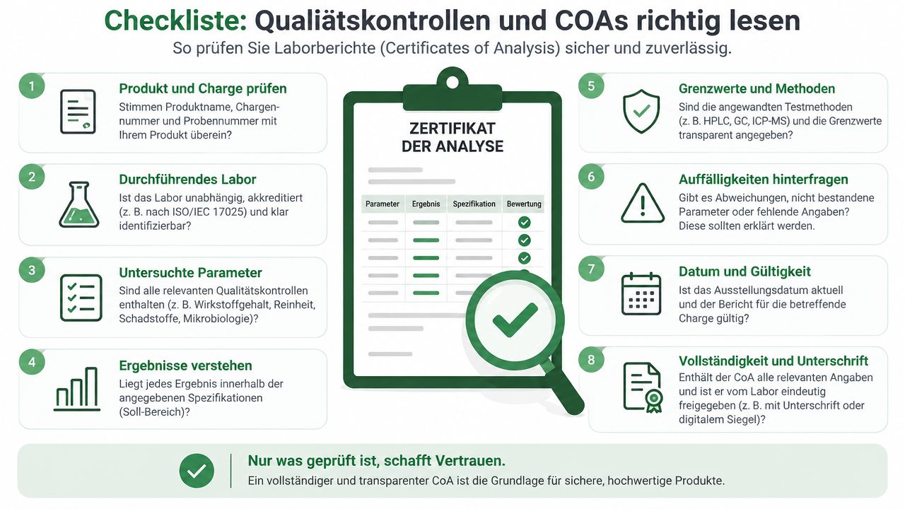 Eine informative Checkliste in deutscher Sprache zur korrekten Überprüfung und Interpretation von Labor-Analysezertifikaten (COAs) für Qualitätssicherung.
