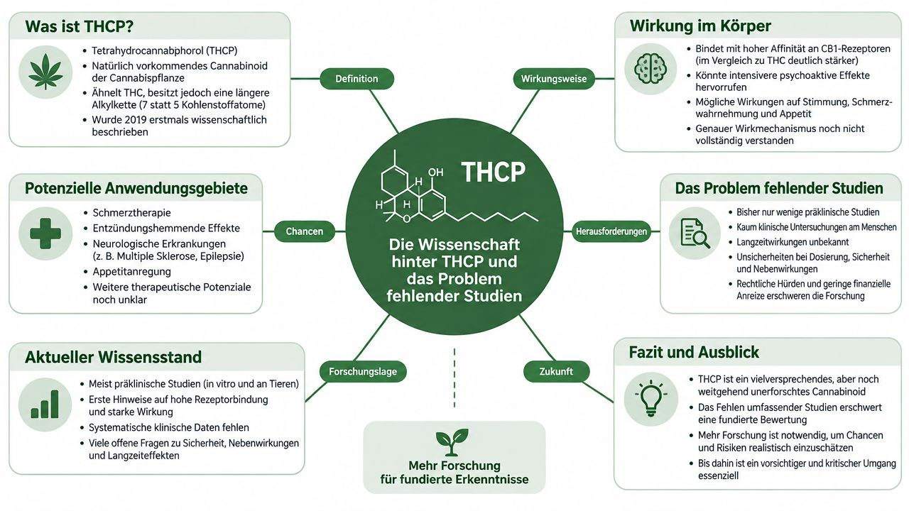 Informationsgrafik über das Cannabinoid THCP, dessen Wirkungsweise, potenzielle therapeutische Anwendungen und die aktuelle wissenschaftliche Studienlage.