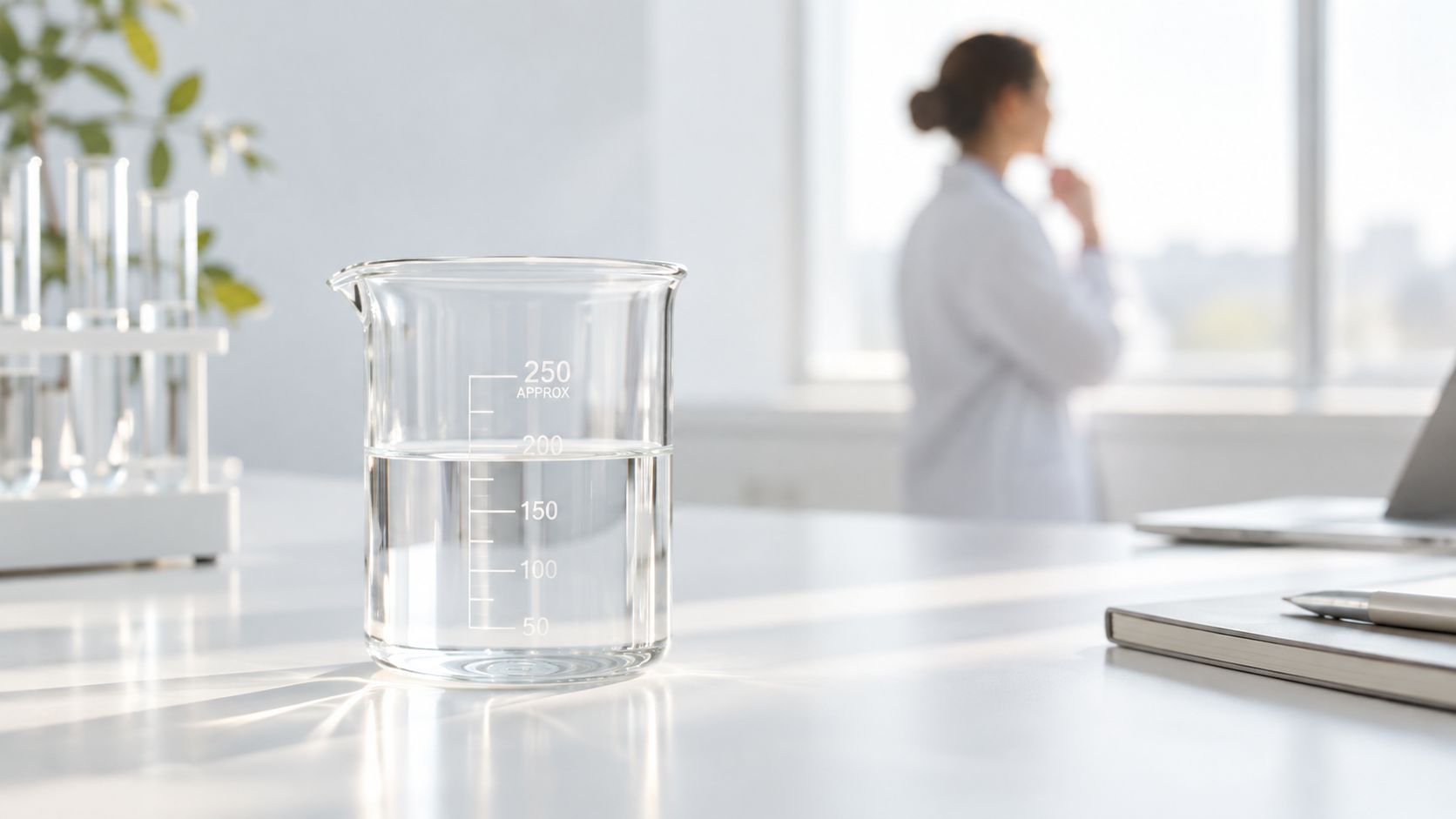 Ein gläsernes Laborbecherglas mit klarer Flüssigkeit auf einem weißen Labortisch, im Hintergrund eine unscharfe Wissenschaftlerin.