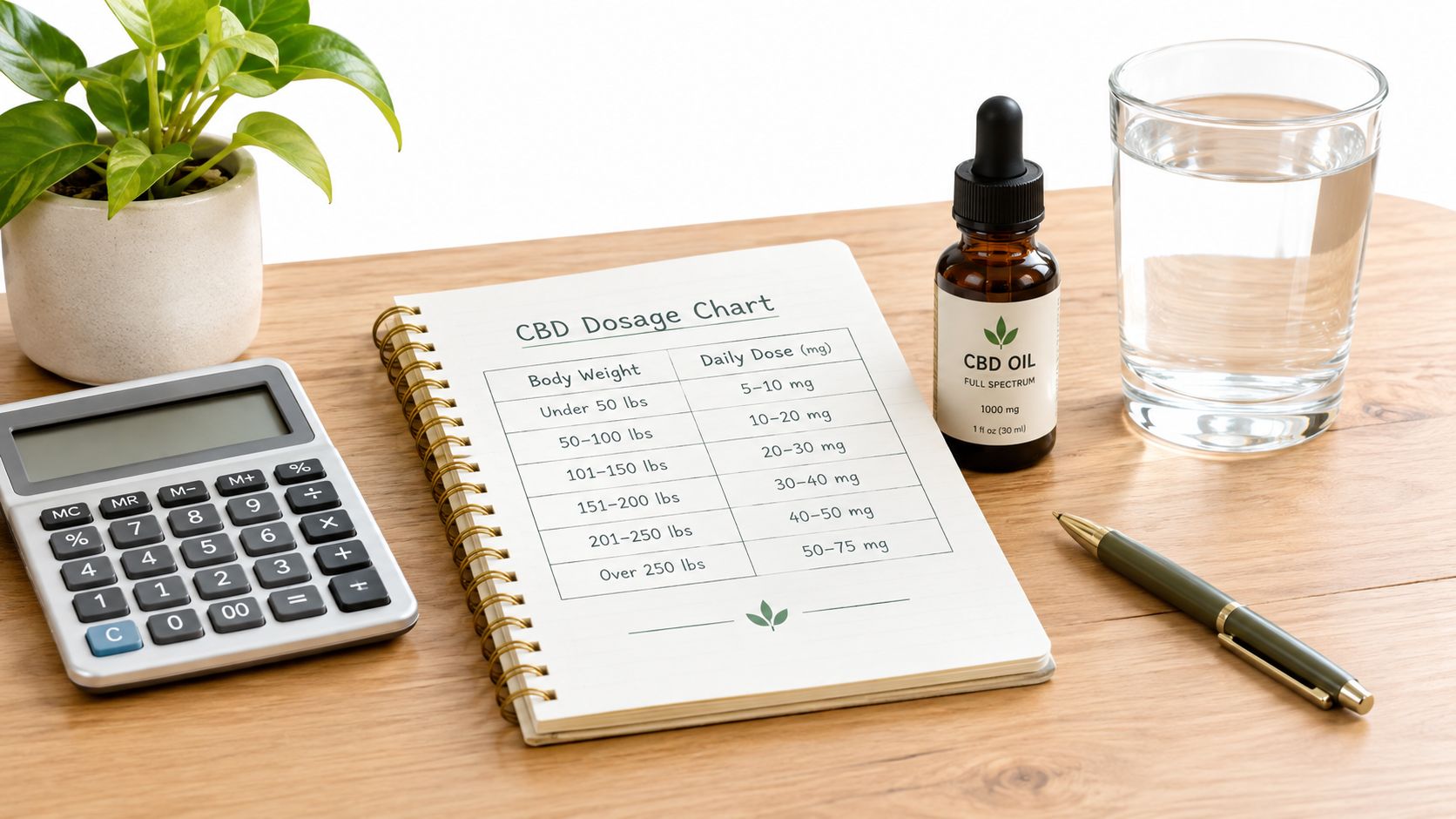 Ein CBD-Dosierungsdiagramm in einem Notizbuch auf einem Schreibtisch neben einer Flasche CBD-Öl, einem Taschenrechner und Wasser.