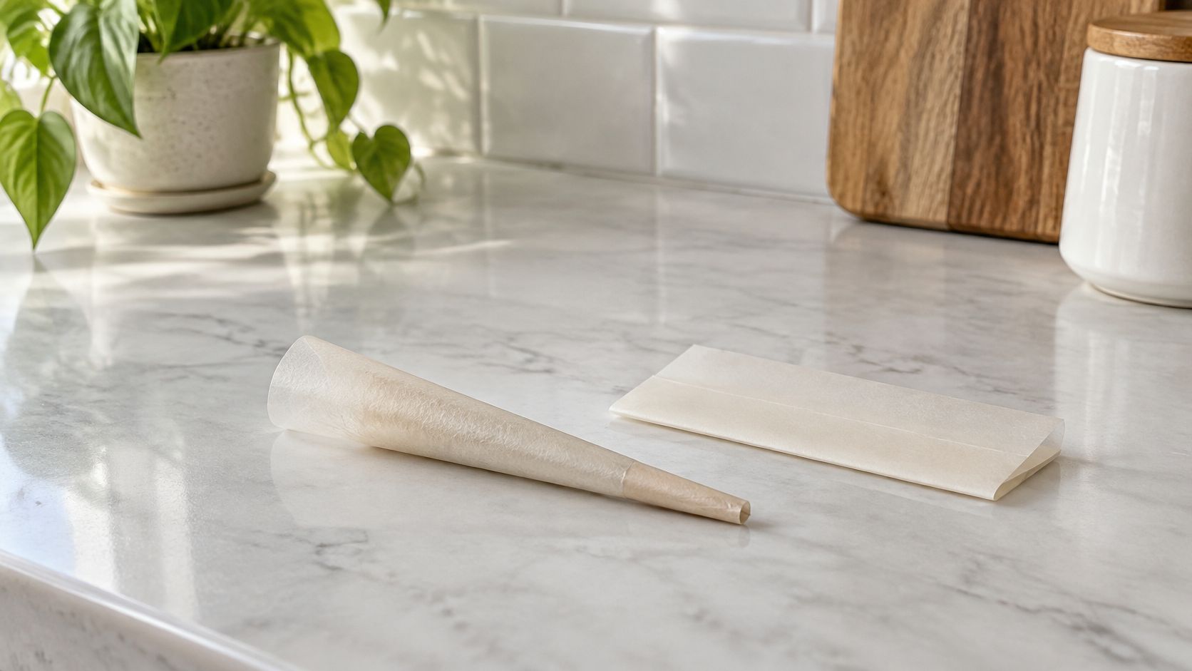 Ein vorgefertigter Papiertüten-Kegel und ein gefaltetes Blatt Pergamentpapier liegen auf einer hellen Marmorarbeitsplatte in der Küche.