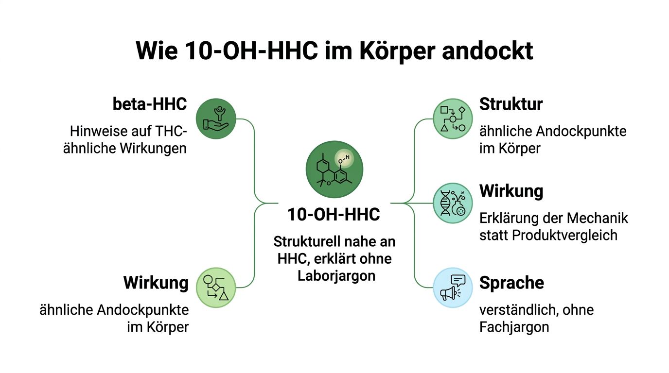 Eine Infografik erklärt die Wirkungsweise von 10-OH-HHC im menschlichen Körper im Vergleich zu HHC und THC.