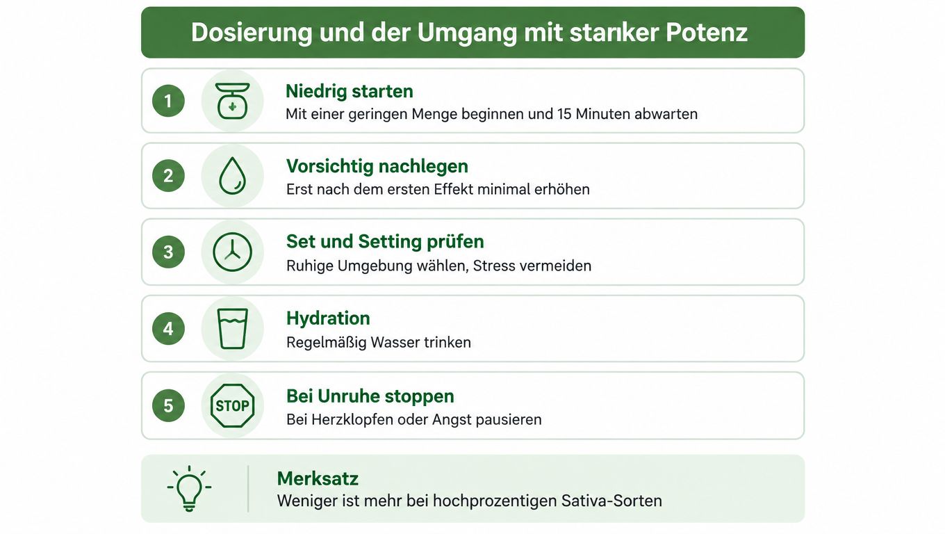 Eine Infografik mit fünf Schritten zur sicheren Dosierung und Anwendung von Cannabis mit hoher Potenz.