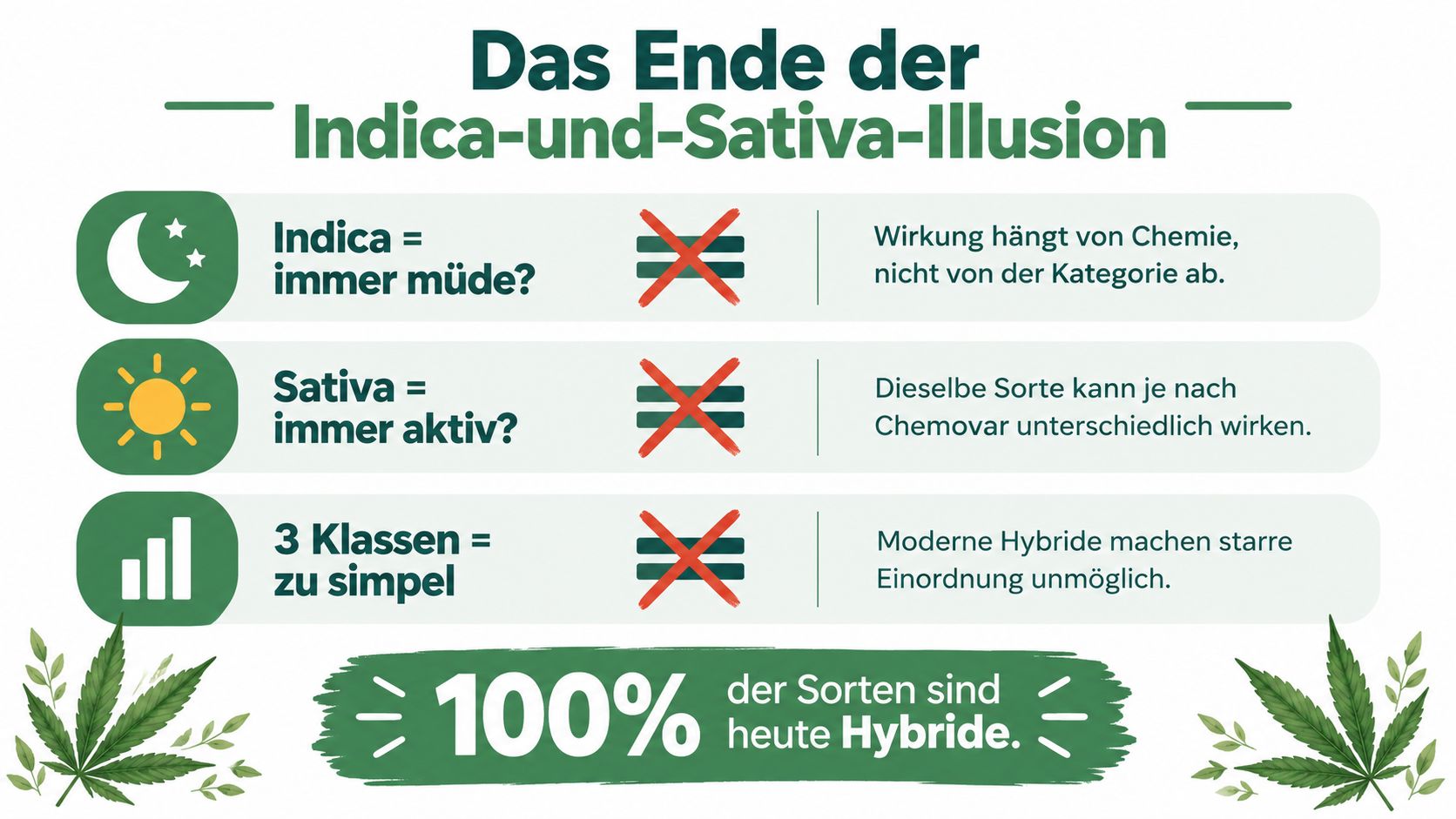Infografik über die wissenschaftliche Widerlegung der traditionellen Einteilung von Cannabis in Indica und Sativa Kategorien.