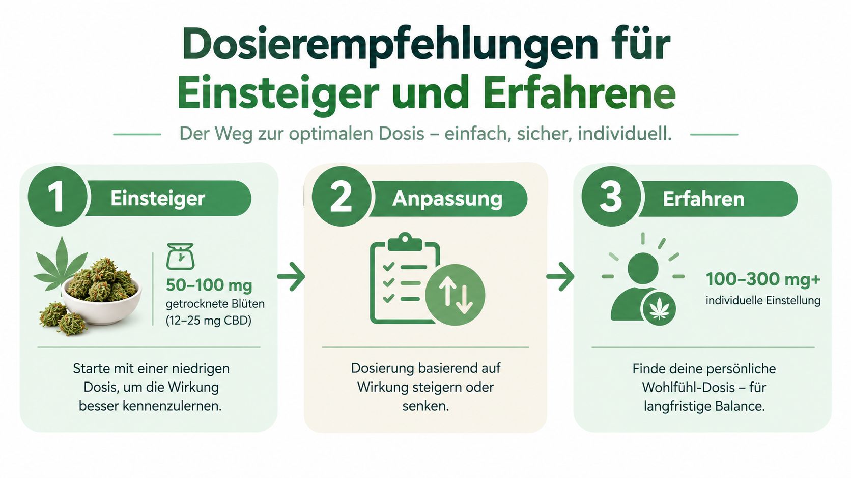 Eine Infografik zur Dosierungsempfehlung für CBD-Blüten, unterteilt in die Phasen Einsteiger, Anpassung und Erfahrene Nutzer.