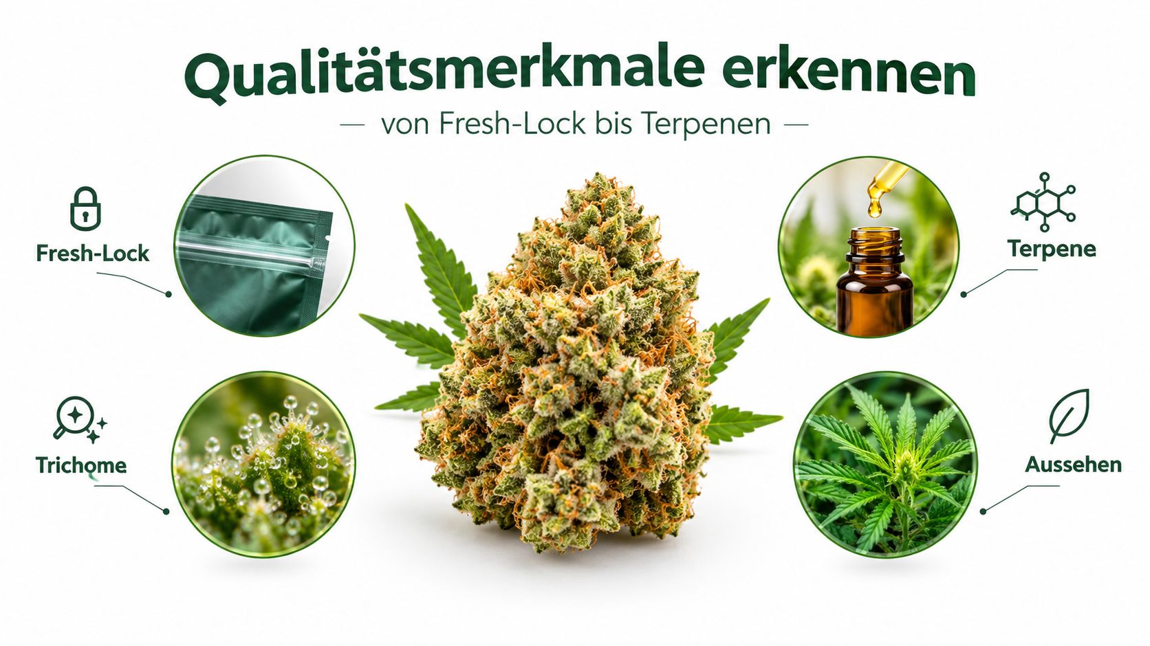 Infografik zur Erkennung von Qualitätsmerkmalen bei Cannabisprodukten mit Bildern von Trichomen, Terpenen und der Verpackung.
