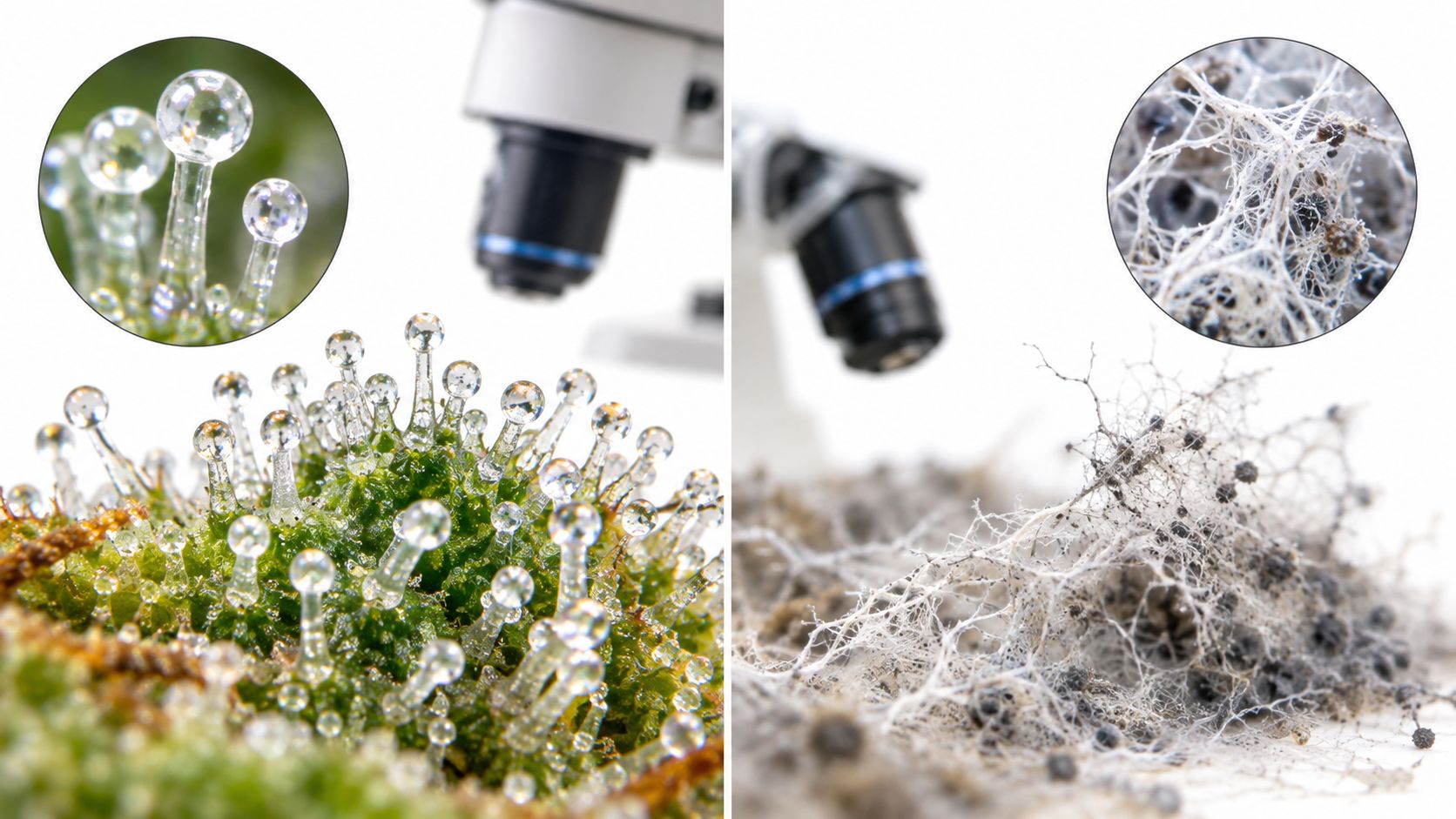Vergleich zwischen gesunden Cannabis Trichomen und schimmeligem Pflanzenmaterial unter dem Mikroskop für eine Qualitätsanalyse.