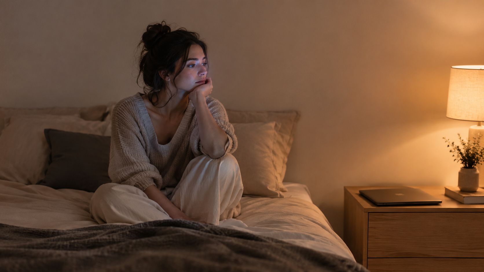 Eine nachdenkliche Frau sitzt spätabends entspannt auf ihrem Bett und blickt verträumt in die Ferne im warmen Licht.